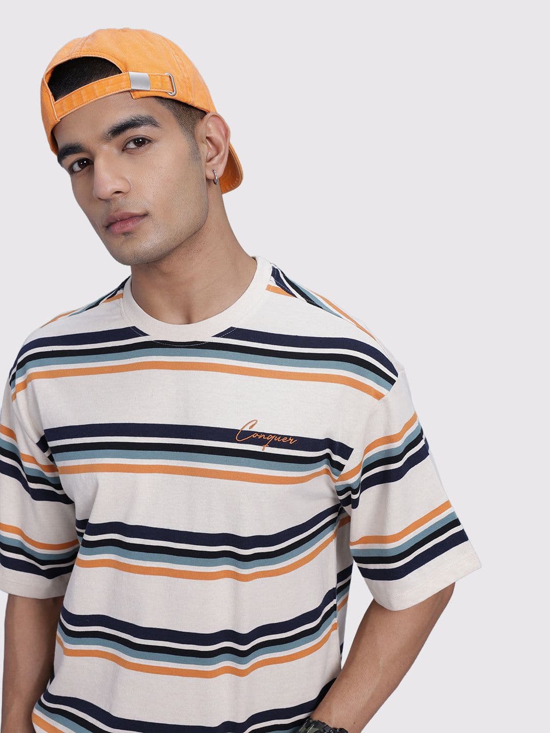 The Roadster Life Co. Multi-Striped Drop-Shoulder Sleeves Relaxed Fit T-shirt - view 1