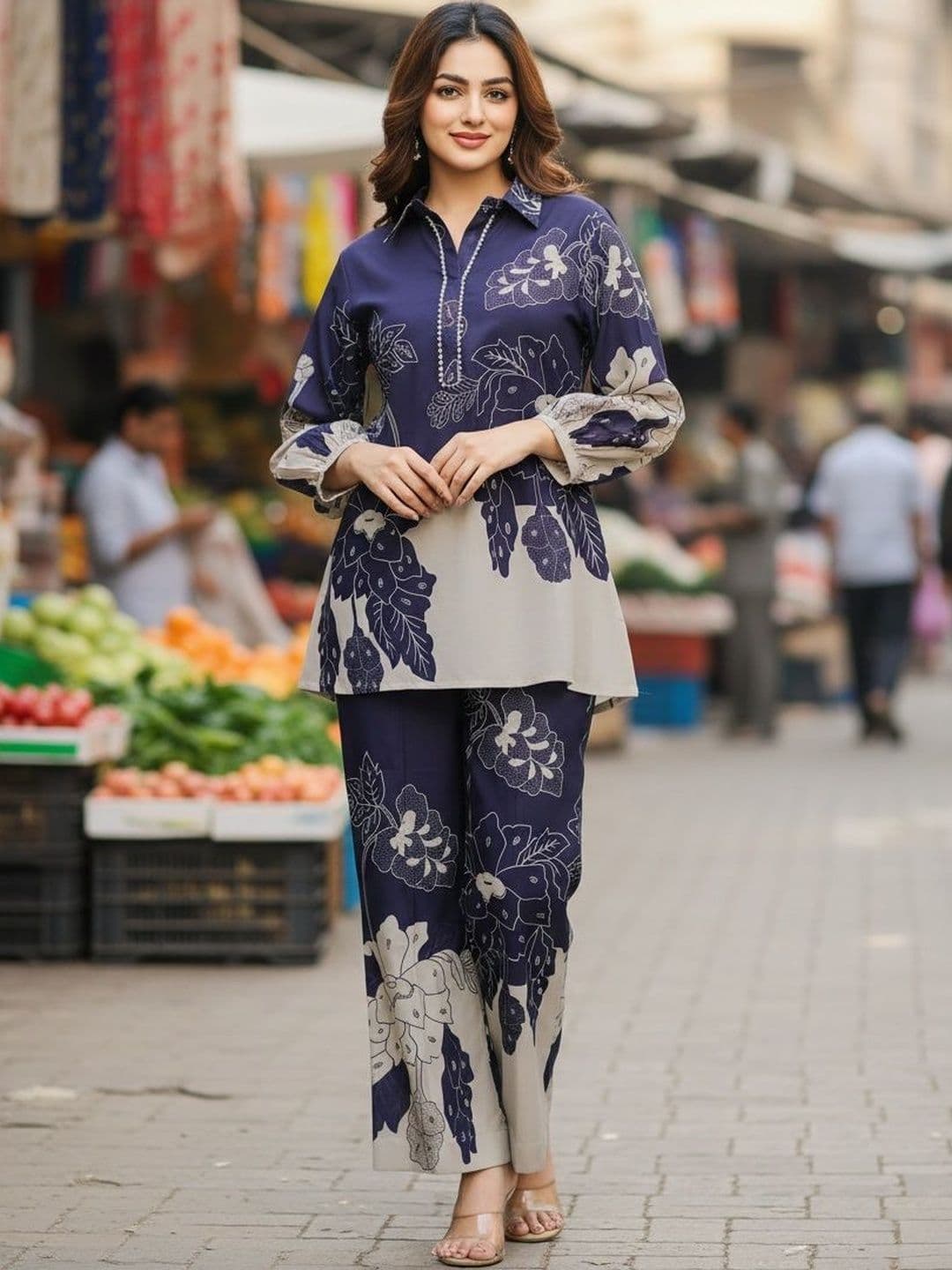 SZN Women Navy Blue Printed Tunic with Palazzos - view 1