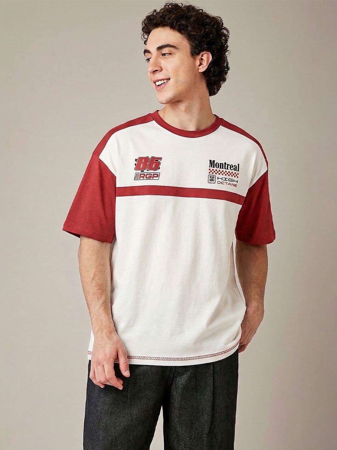 Crazymonk Men High Octane Red Off White Printed Oversized Fit T-shirt - view 1