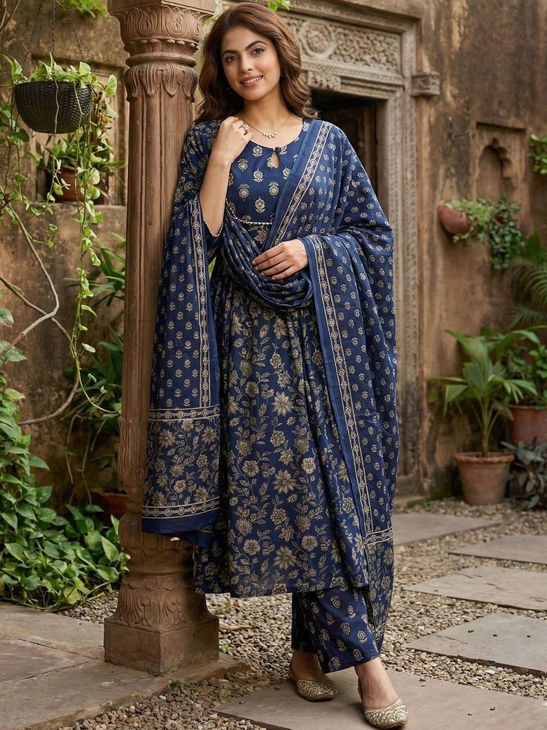 Anouk Women Floral Printed Panelled Pure Cotton Kurta with Trousers & With Dupatta - view 1