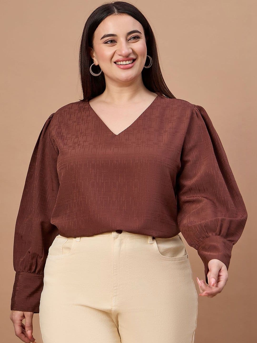 Style Quotient Plus Size Women Brown Bishop Sleeves Formal Texture Top - view 1