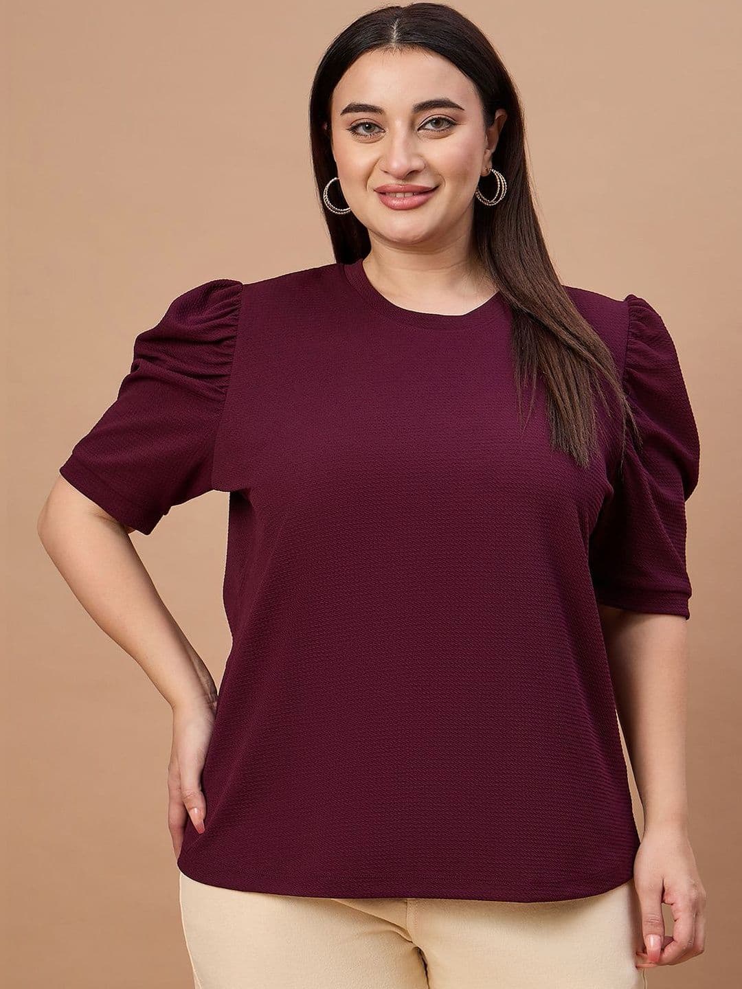 Style Quotient Plus Size Women Maroon Puff Sleeve Top - view 1