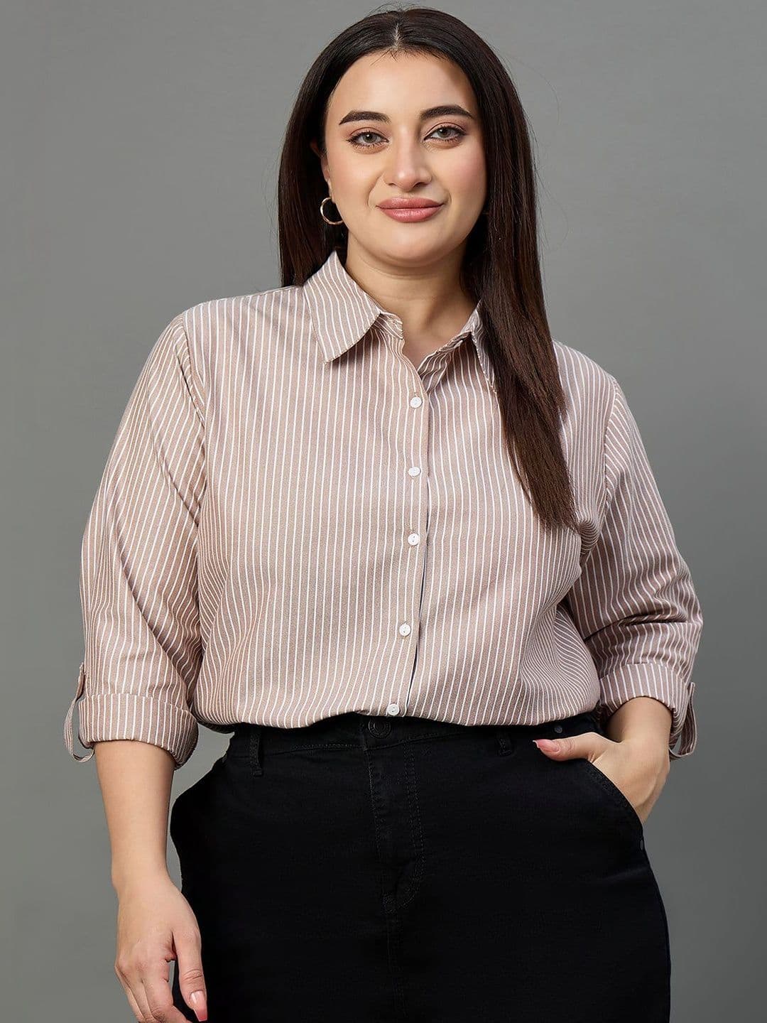 Style Quotient Plus Size Women White Striped formal Shirt - view 1