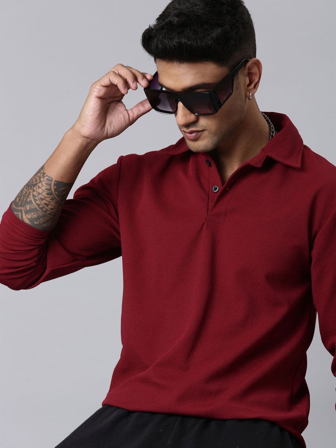 LEWEL Men Textured Buttoned Long Sleeves Polo Collar T-shirt - view 1