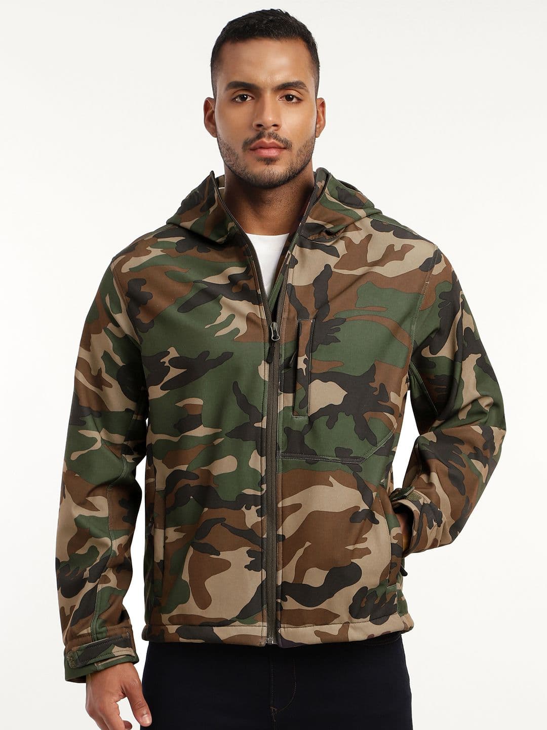 MOUNTMILLER Men's Full Sleeve Hooded Neck Woodland DWR Tactical Soft Shell Jacket - view 1