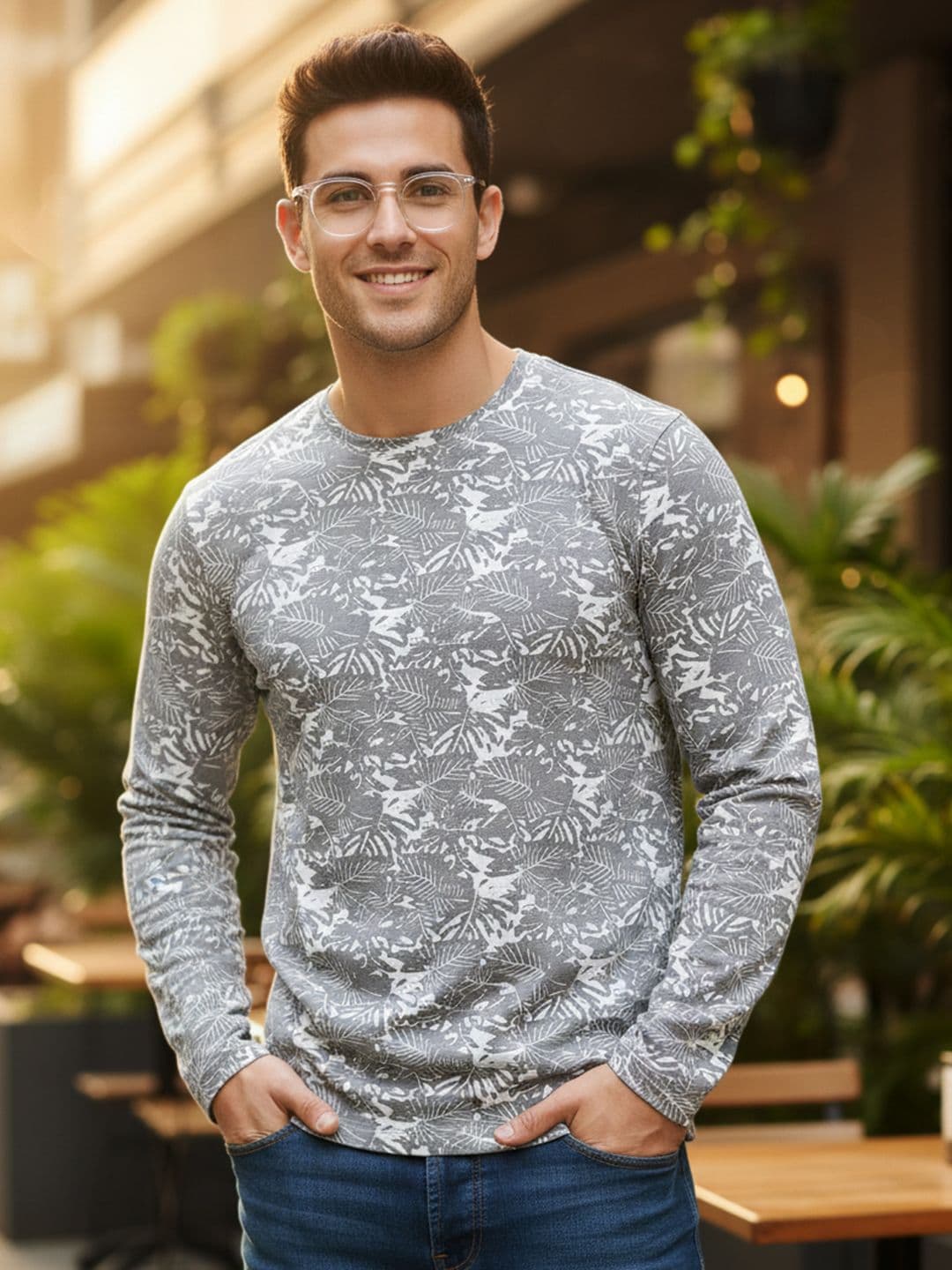 Urbano Fashion Men White Grey Printed Slim Fit Training or Gym Pure Cotton T-shirt - view 1