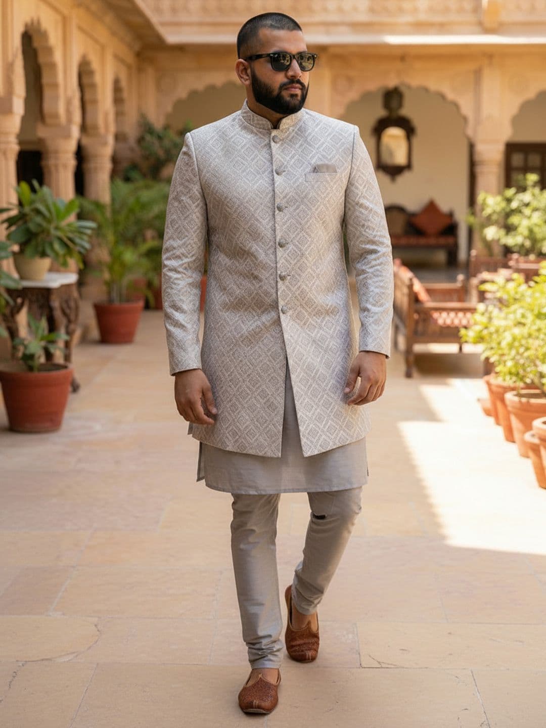 KISAH Plus Size Men Self Design Kurta Indo Western Sherwani Churidar Set - view 1