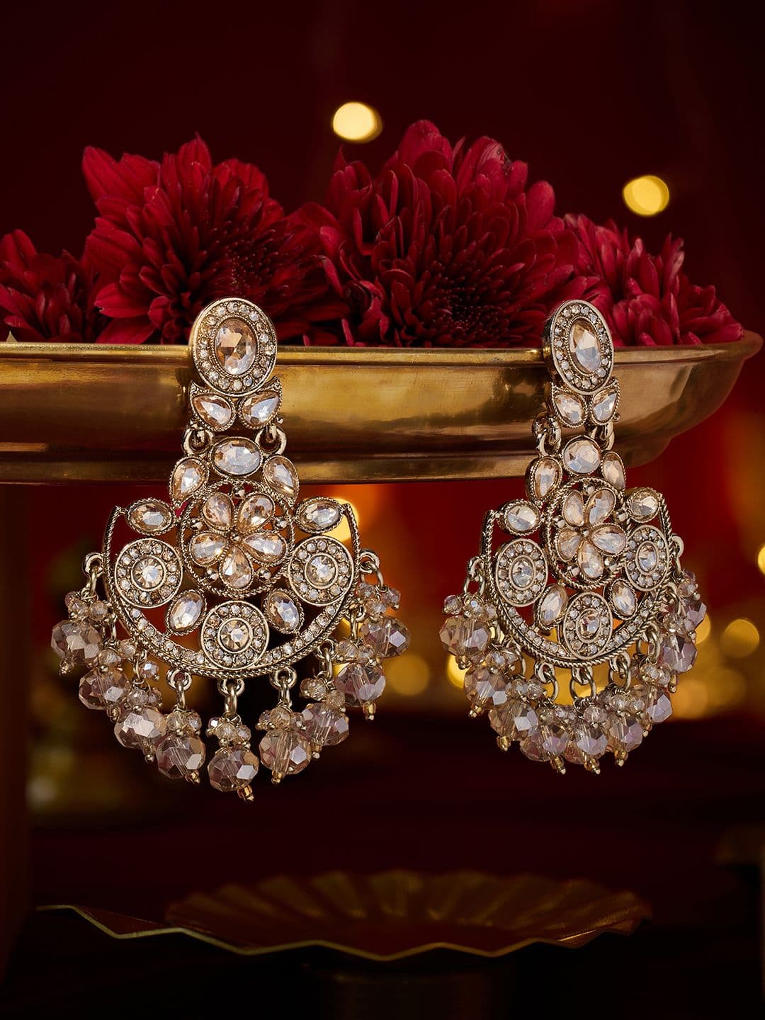 Zaveri Pearls Gold-Plated Artificial Stones Studded & Pearls Beaded Floral Drop Earrings - view 1