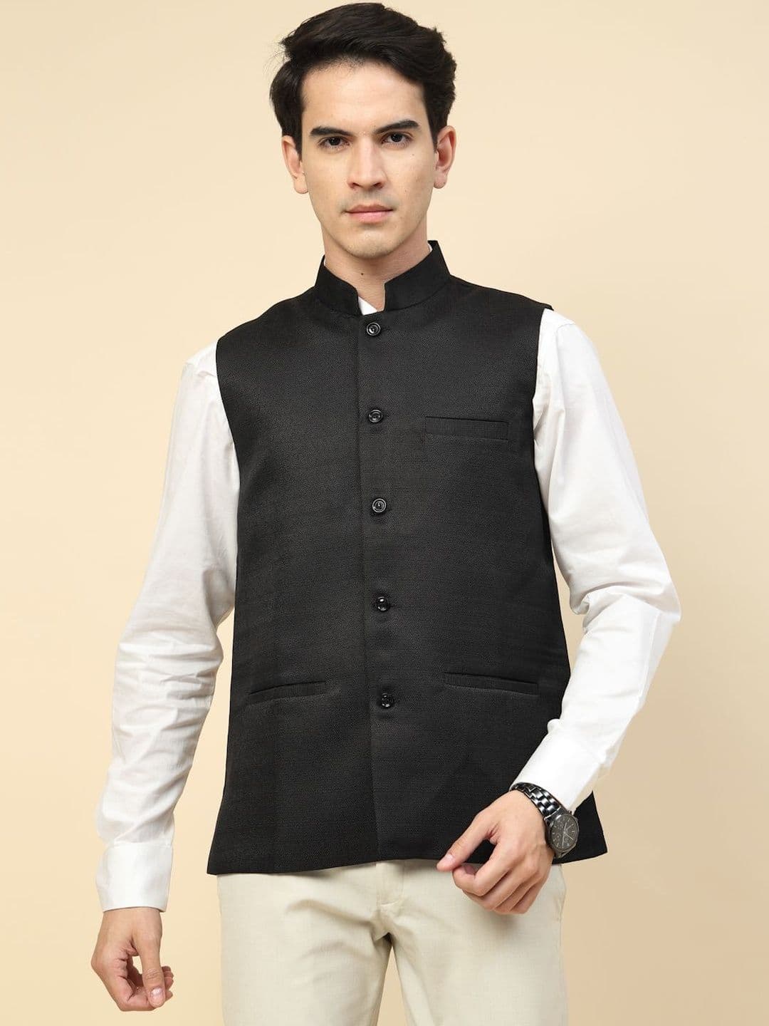 KLOTTHE Mandarin Collar Neck Woven Nehru Jacket - view 1