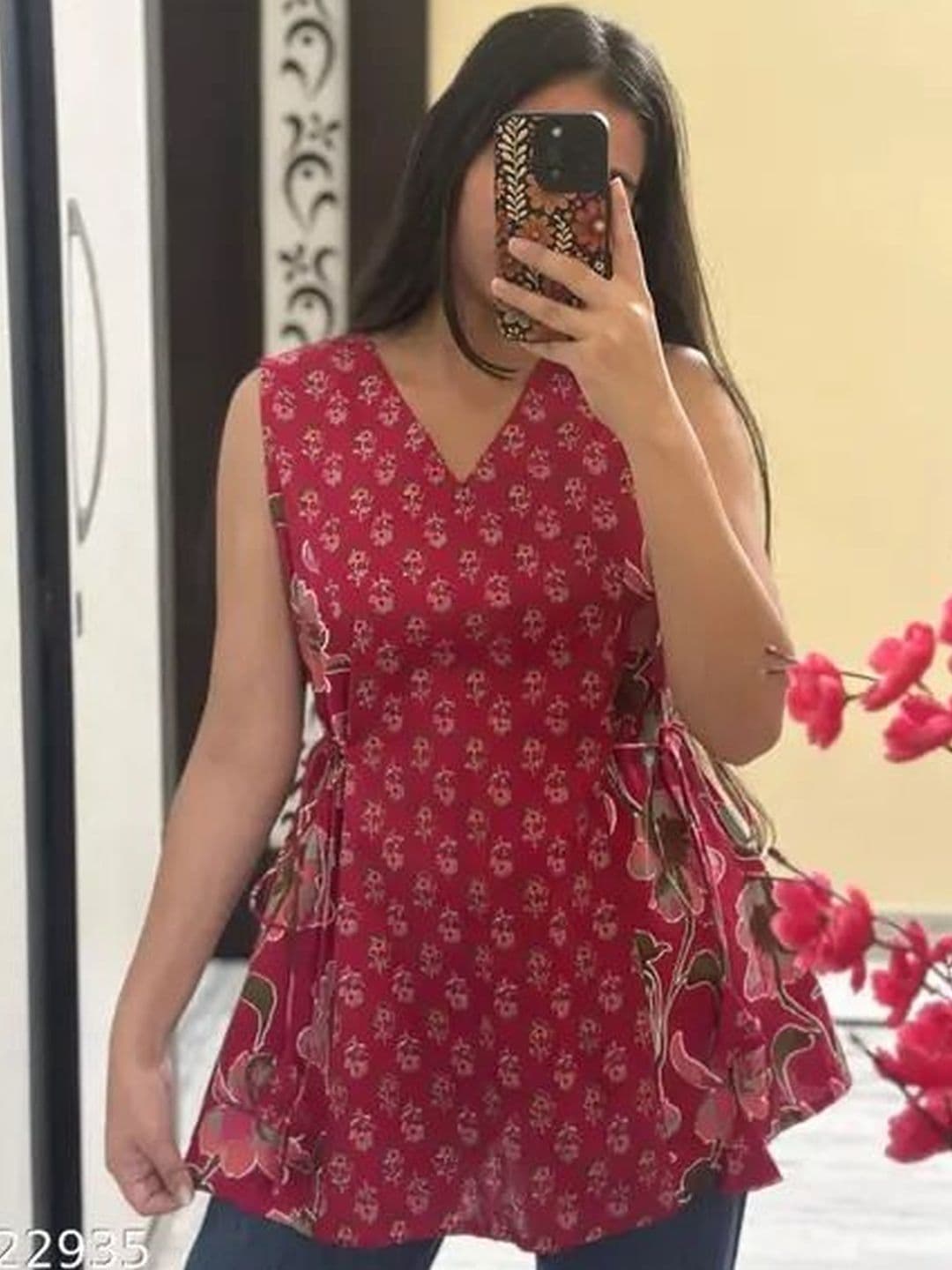 SATITHA Floral Printed V-Neck Pure Cotton Angrakha Kurti - view 1