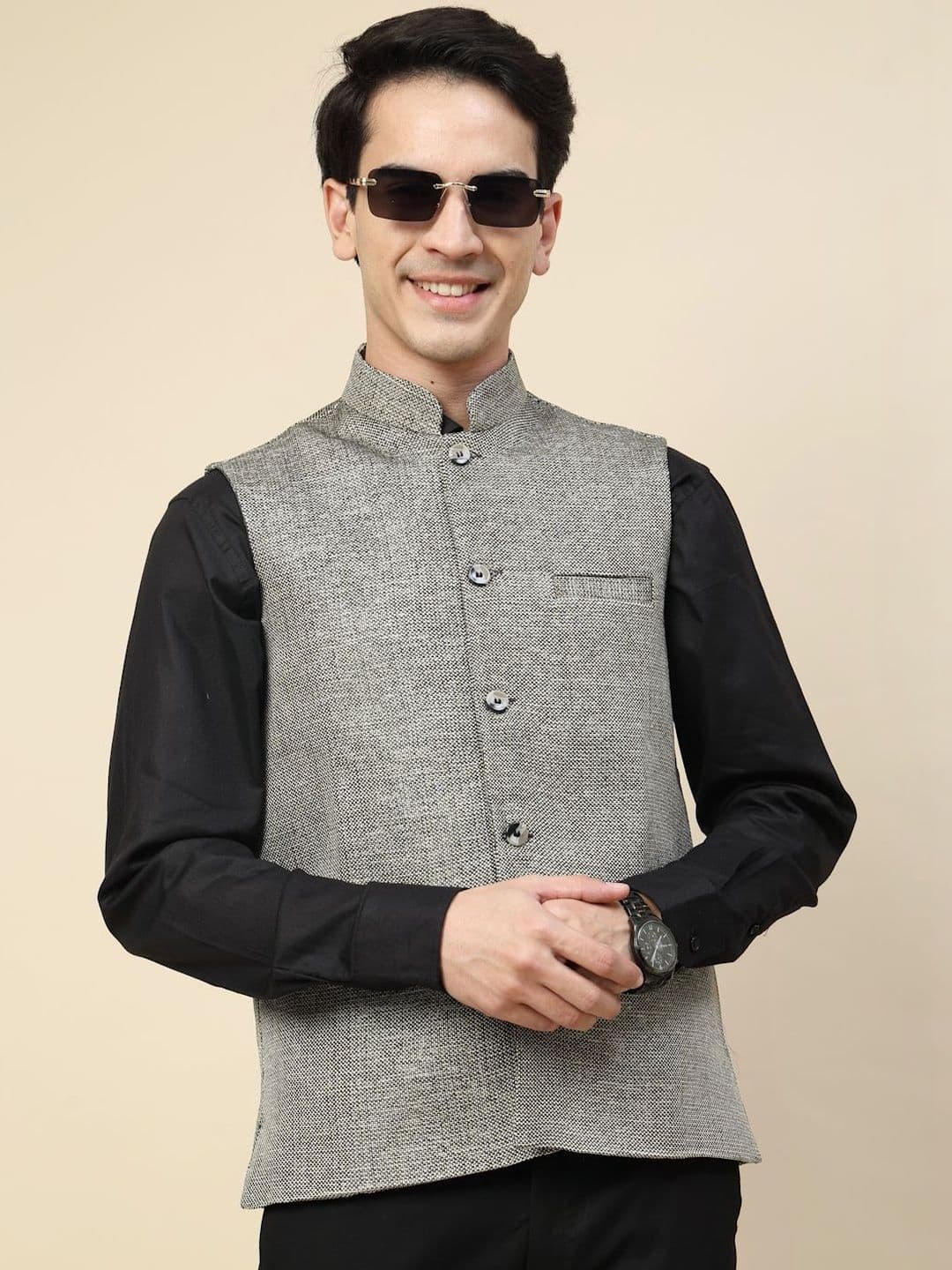 KLOTTHE Woven Design Mandarin Collar Neck Nehru Jacket - view 1