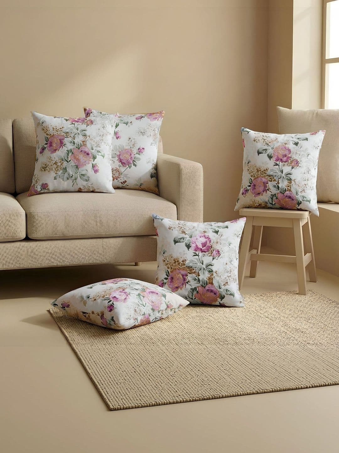 Clasiko White & Multicoloured Set of 5 Floral Square Cushion Covers - view 1