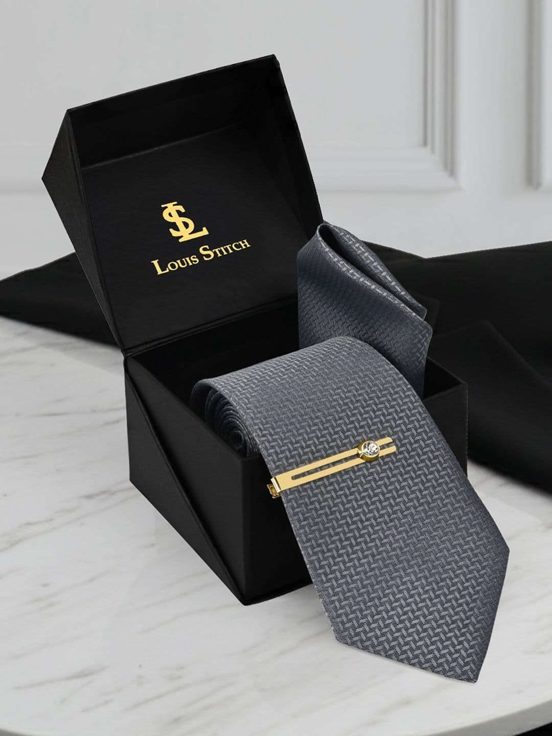 LOUIS STITCH Men Grey Premium Tie Set with Pocket Square & Golden Tie Pin - view 1