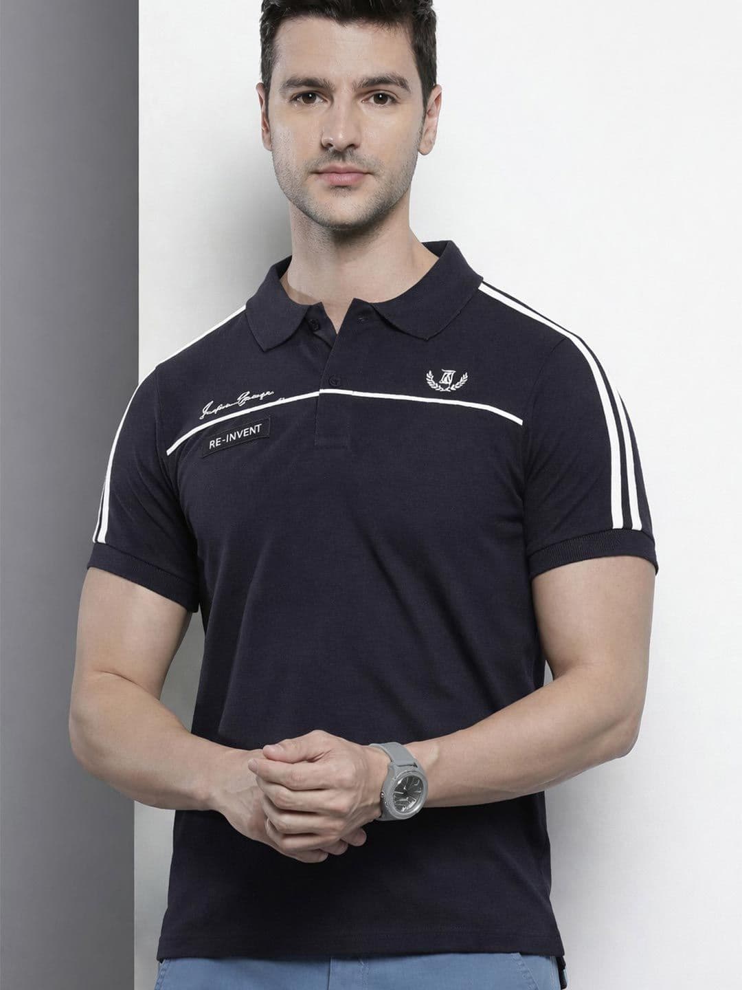 The Indian Garage Co Men Navy Blue Solid Polo Collar Applique Detail Slim Fit T-shirt - view 1