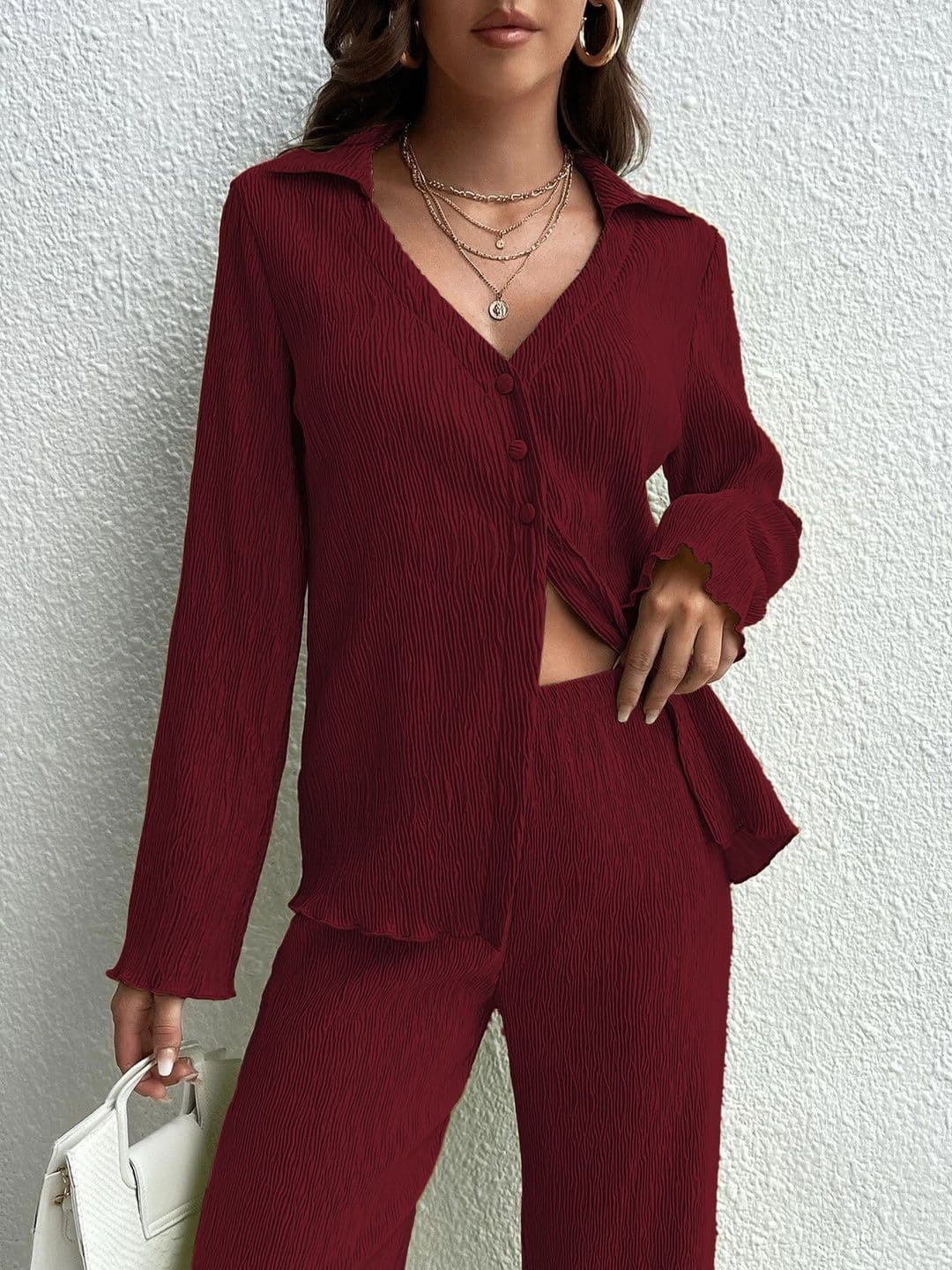 glitchez Maroon V-Neck Shirt & Trousers Co-Ords - view 1