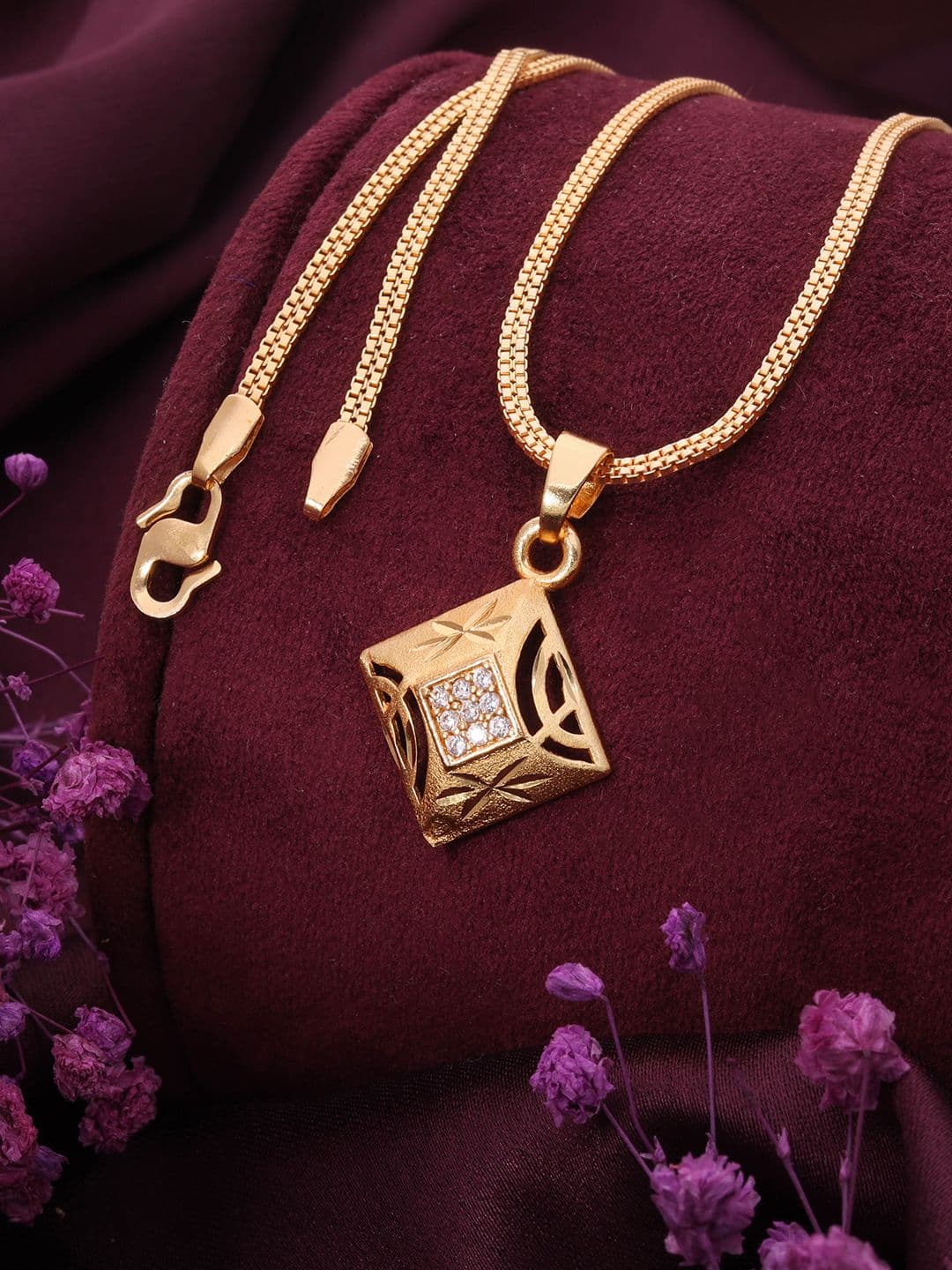 Sangria Set Of 3 Gold-Plated American-Diamond-Studded Pendant With Single Chain - view 1