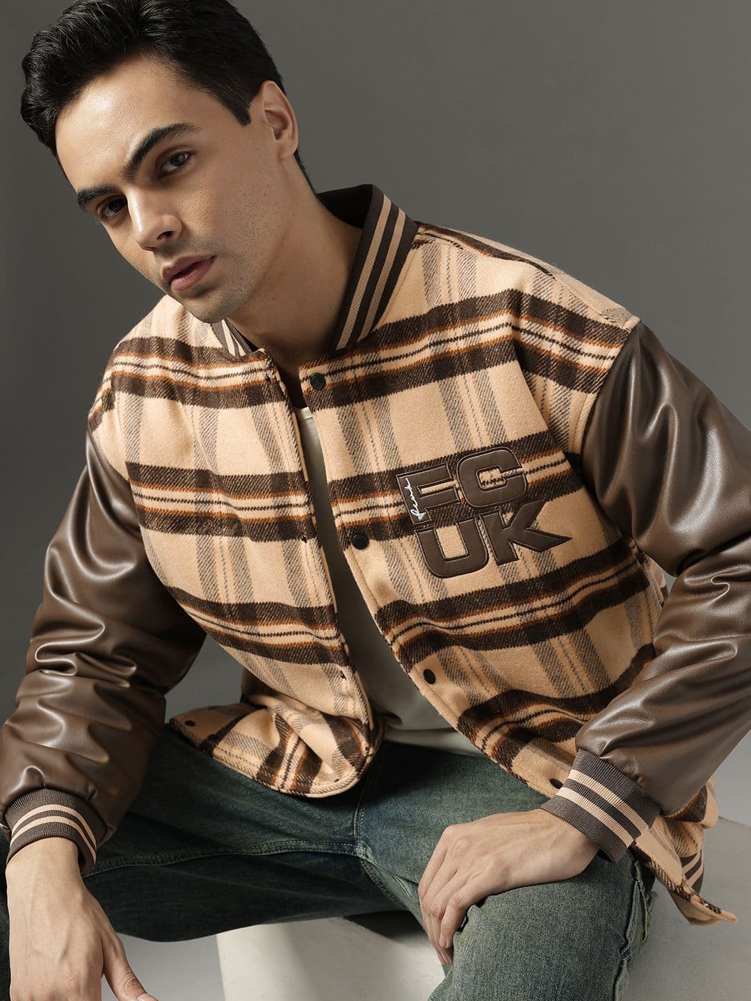 FCUK Mock Collar Checked Bomber Jacket - view 1
