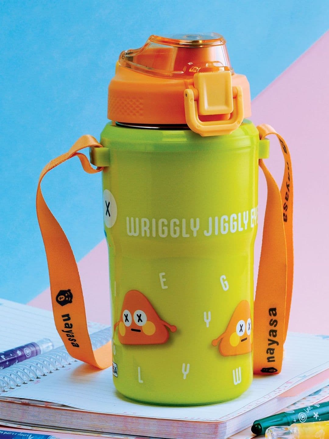 Nayasa Single Duo Sip Green Wriggly Jiggly Print Steel Dual Sip With Strap Bottle 450ml - view 1
