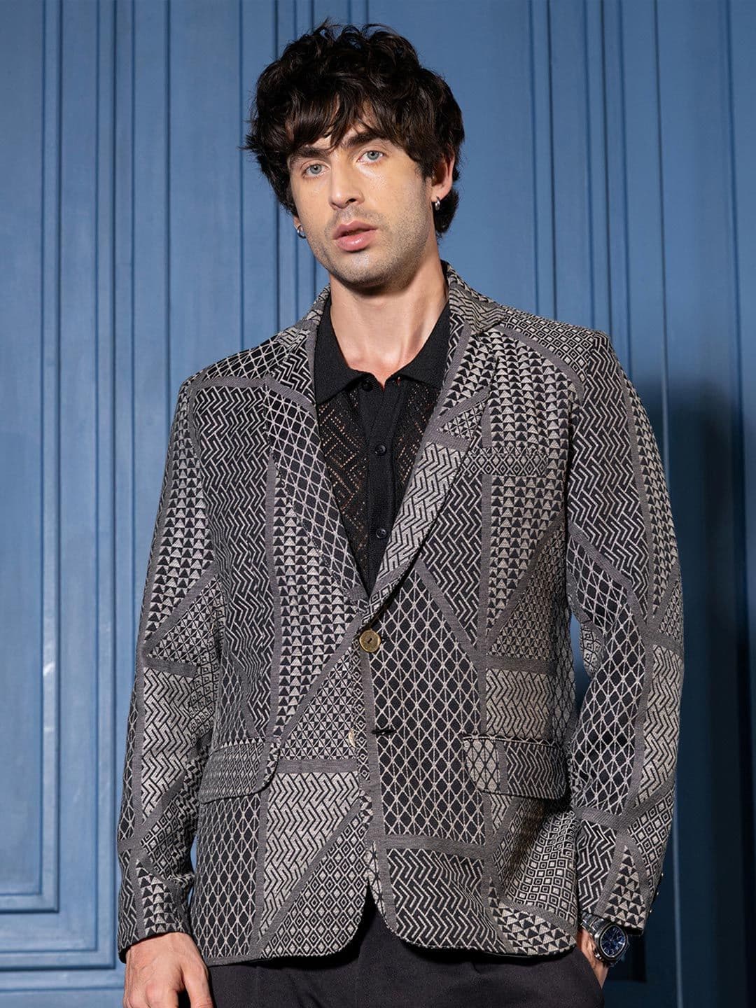 CAHOOT Men Geometric Block Jacquard Single Breasted Blazer - view 1