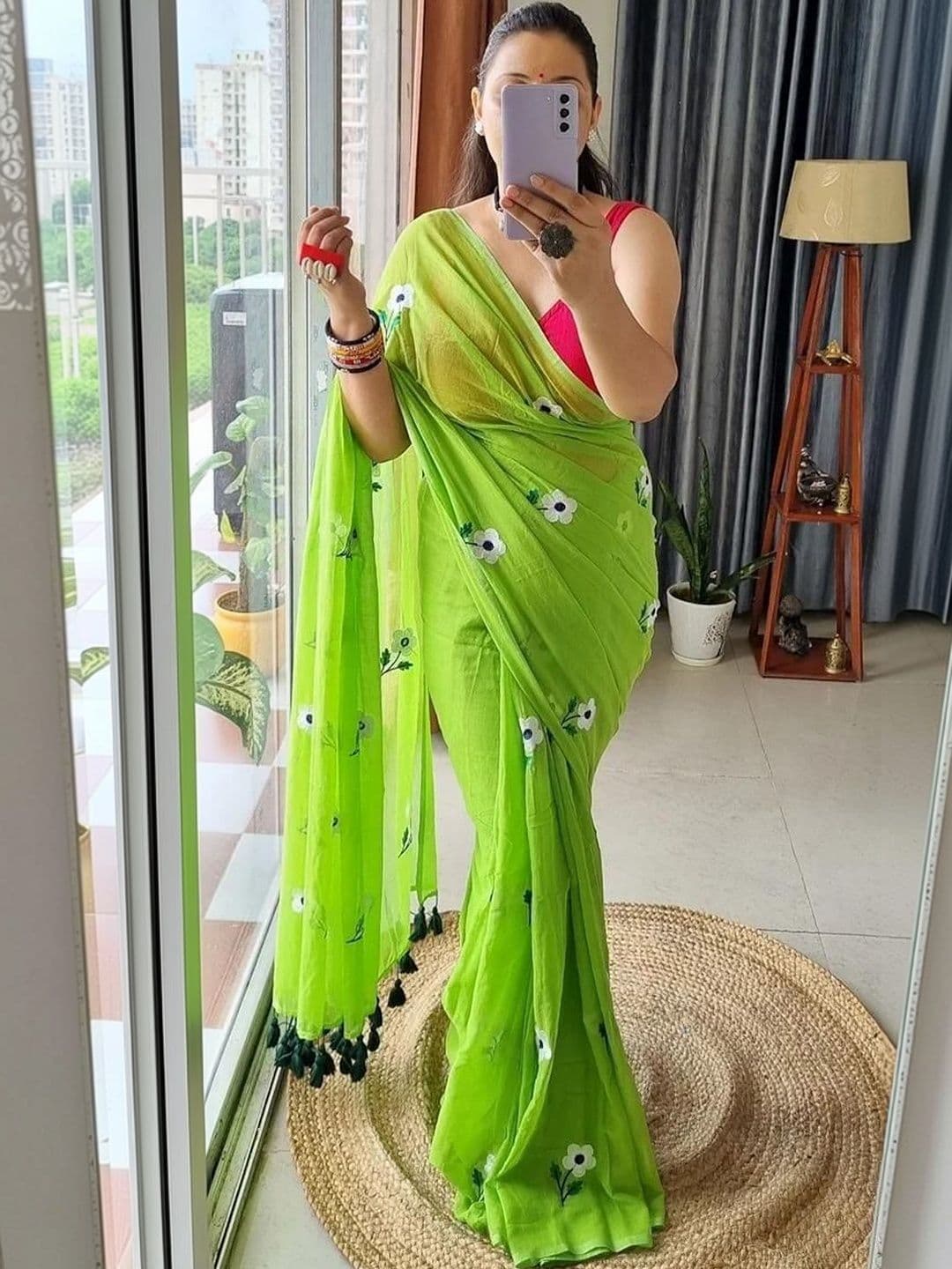 ACHOL Floral Embroidered Pure Cotton Saree - view 1