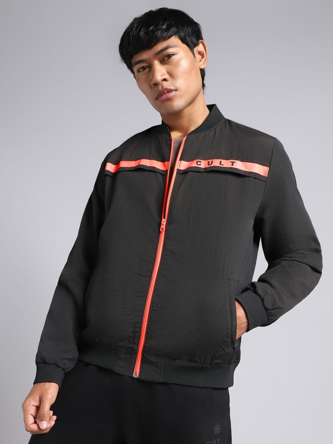 CULT Men Mock Collar Brand Logo Printed Lightweight Bomber Jacket - view 1