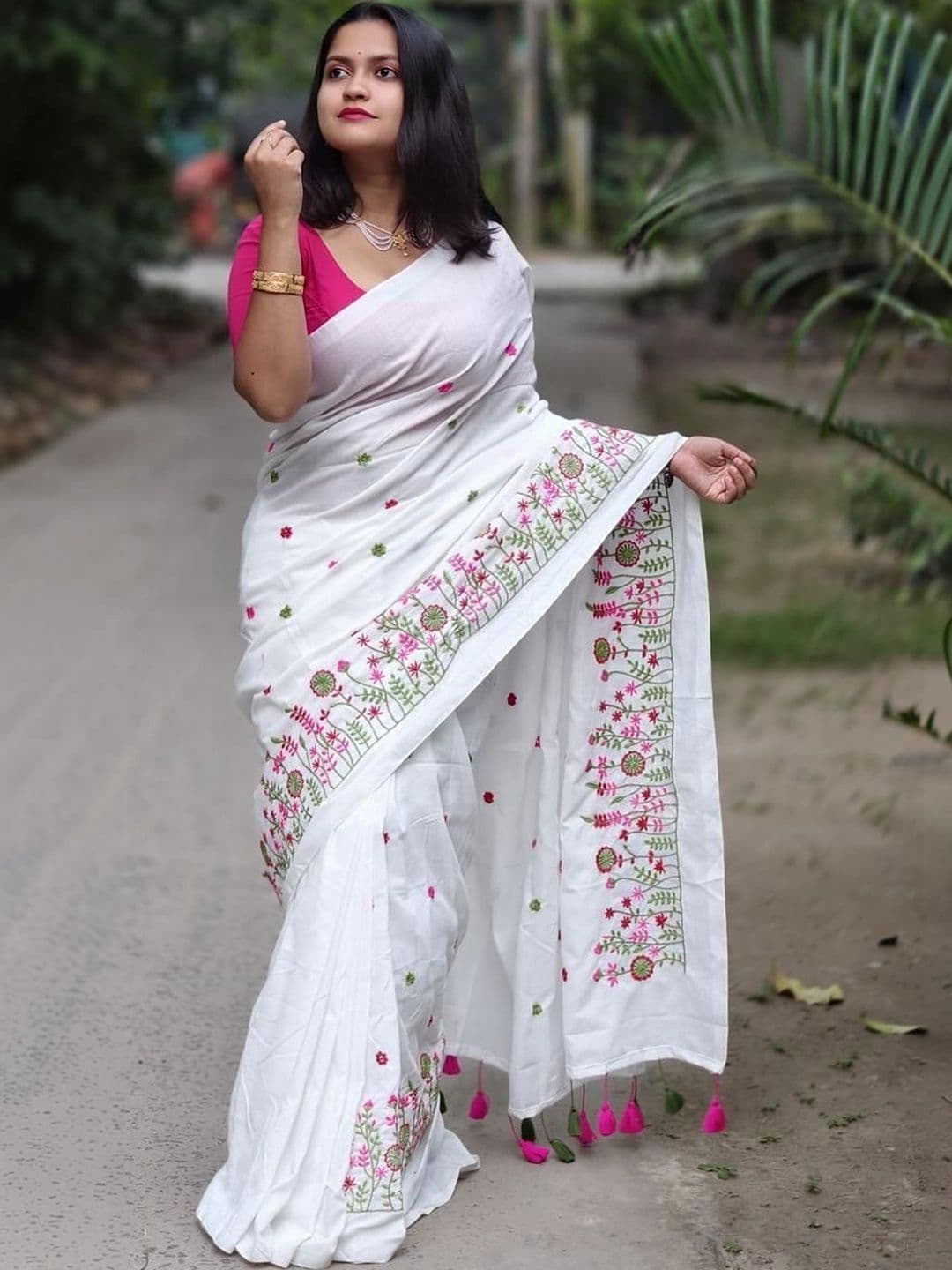 ACHOL Floral Embroidered Pure Cotton Saree - view 1