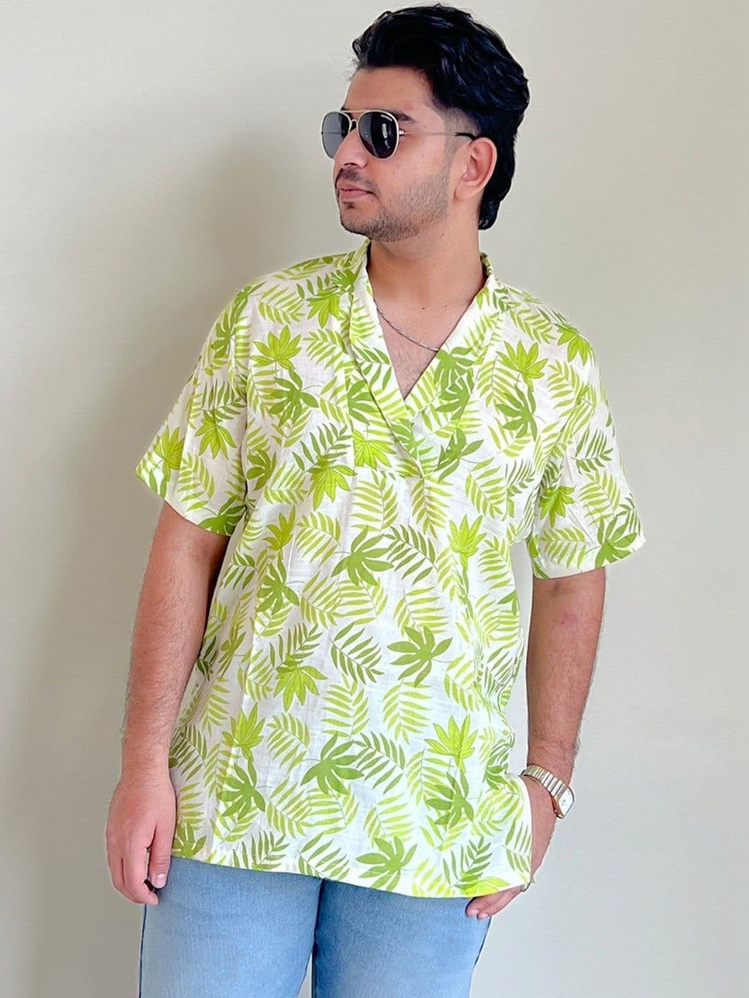 DISHA R DOT Men Leaf-Printed Lapel Neck Relaxed Fit Shirt - view 1