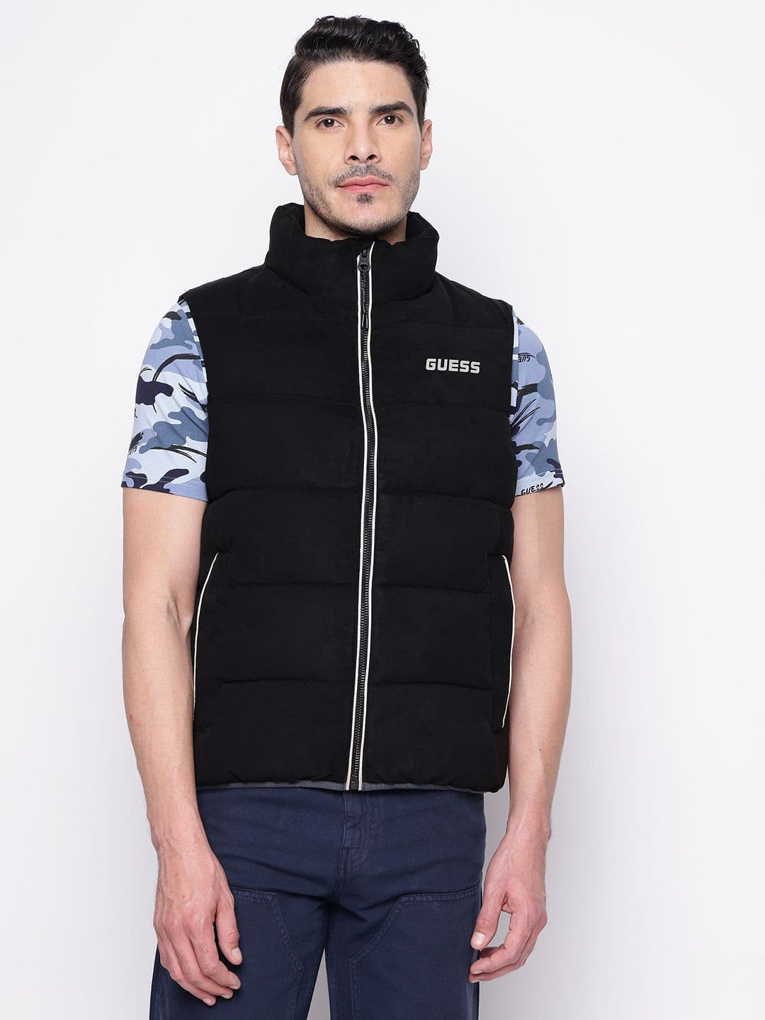 GUESS Brand Logo Detail Mock Collar Padded Gillet - view 1