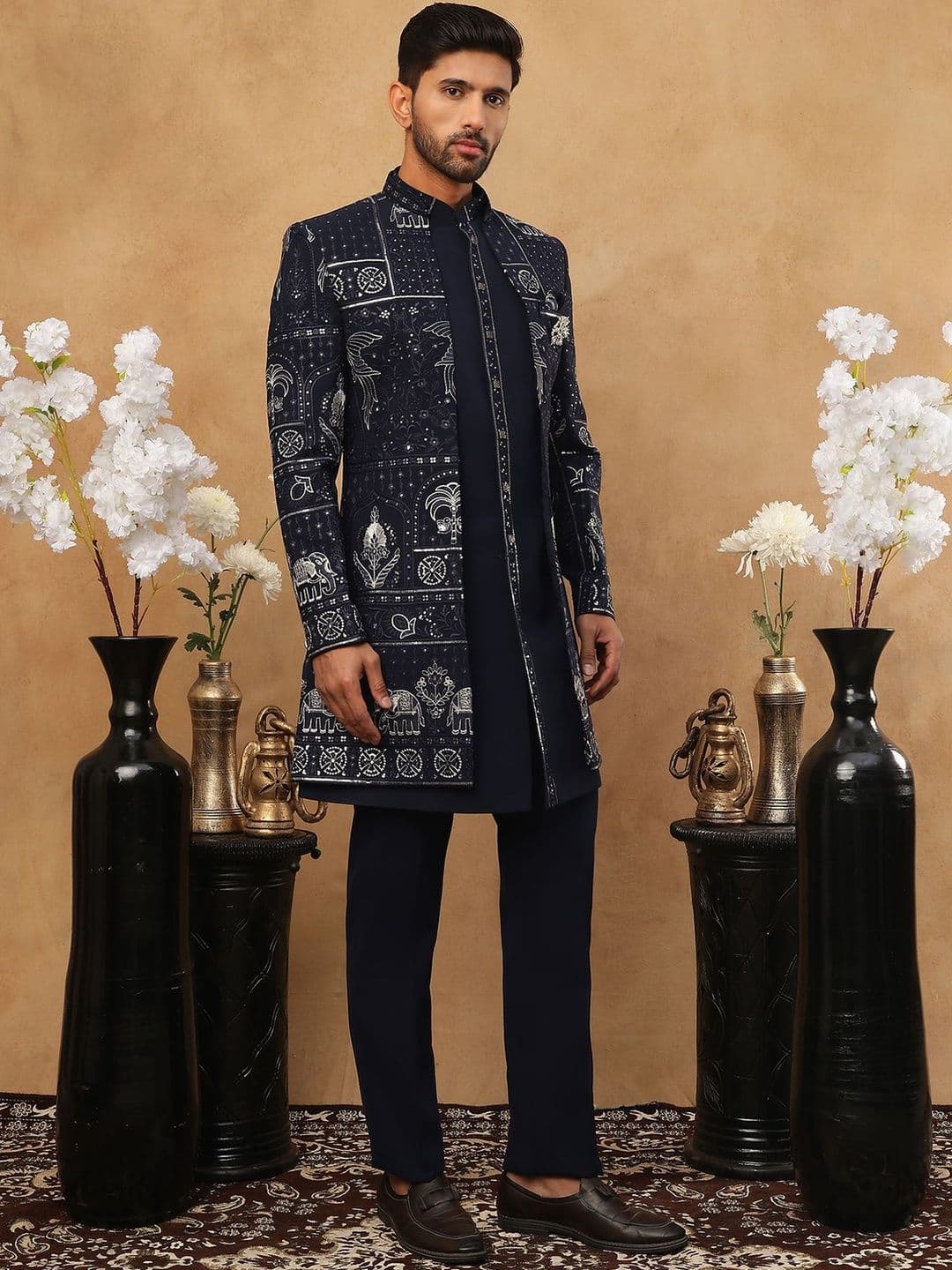 Jompers Embroidered Mandarin Collared Sherwani Set - view 1
