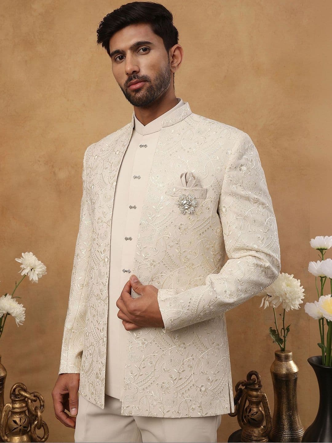Jompers Embroidered Mandarin Collared Sherwani Set - view 1