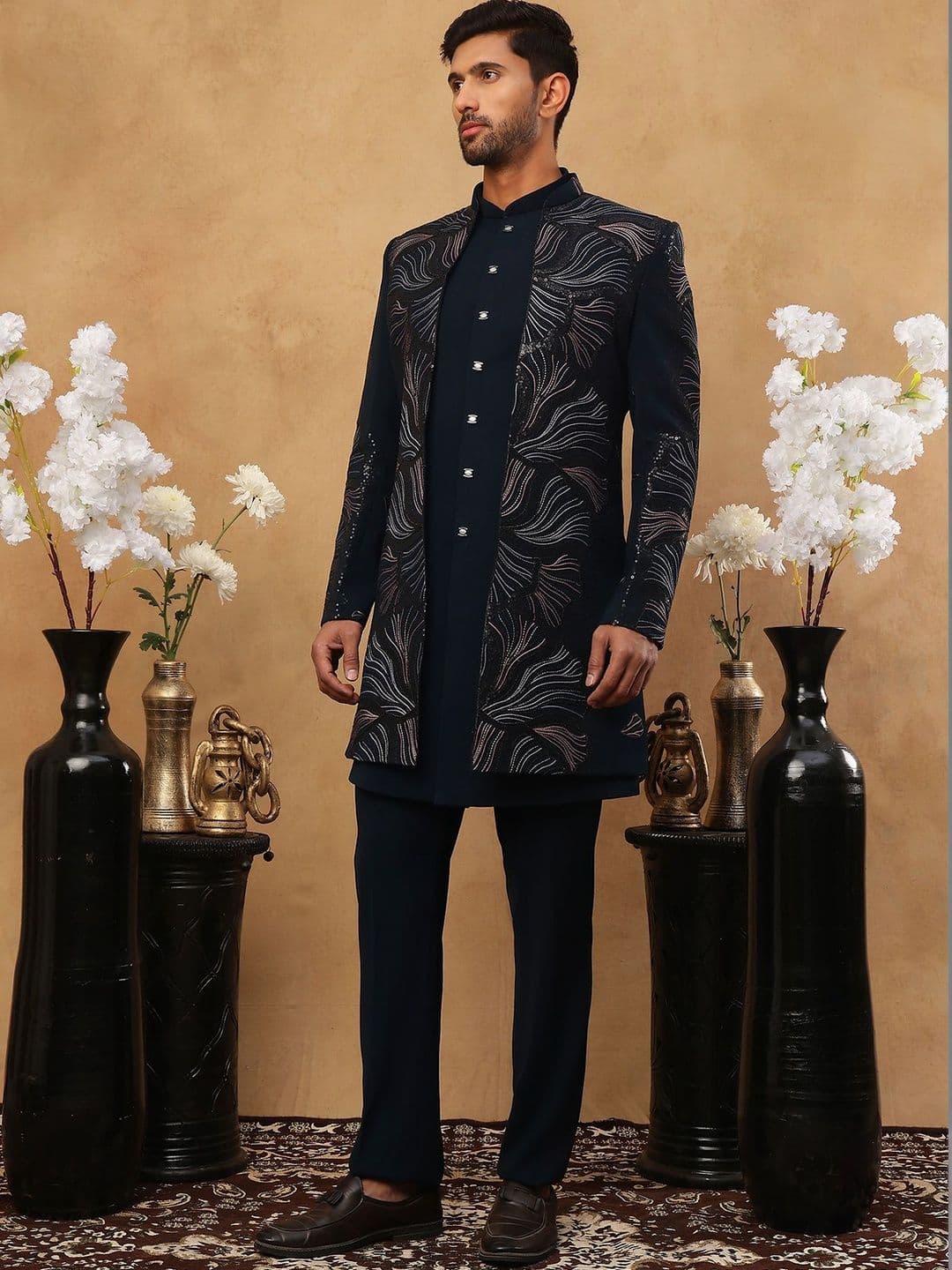 Jompers Embroidered Mandarin Collared Sherwani Set - view 1