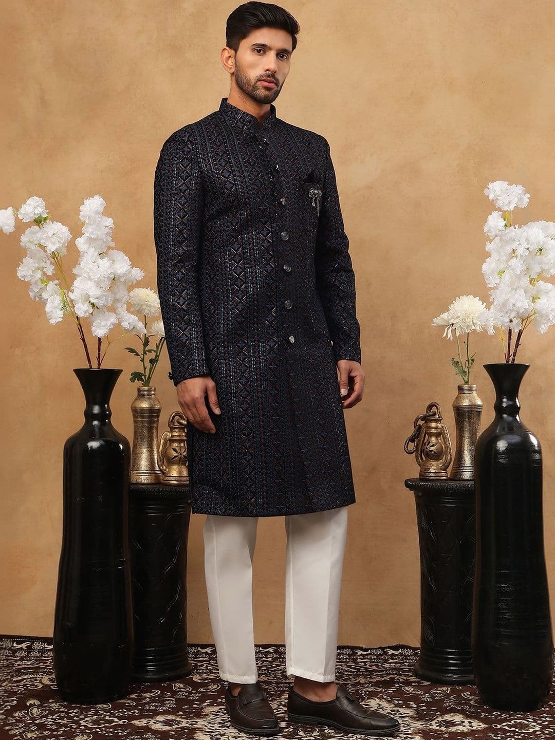 Jompers Embroidered Mandarin Collared Sherwani Set - view 1
