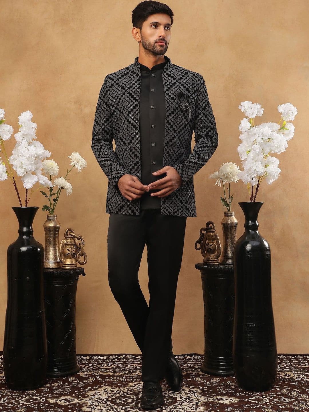 Jompers Embroidered Mandarin Collared Sherwani Set - view 1