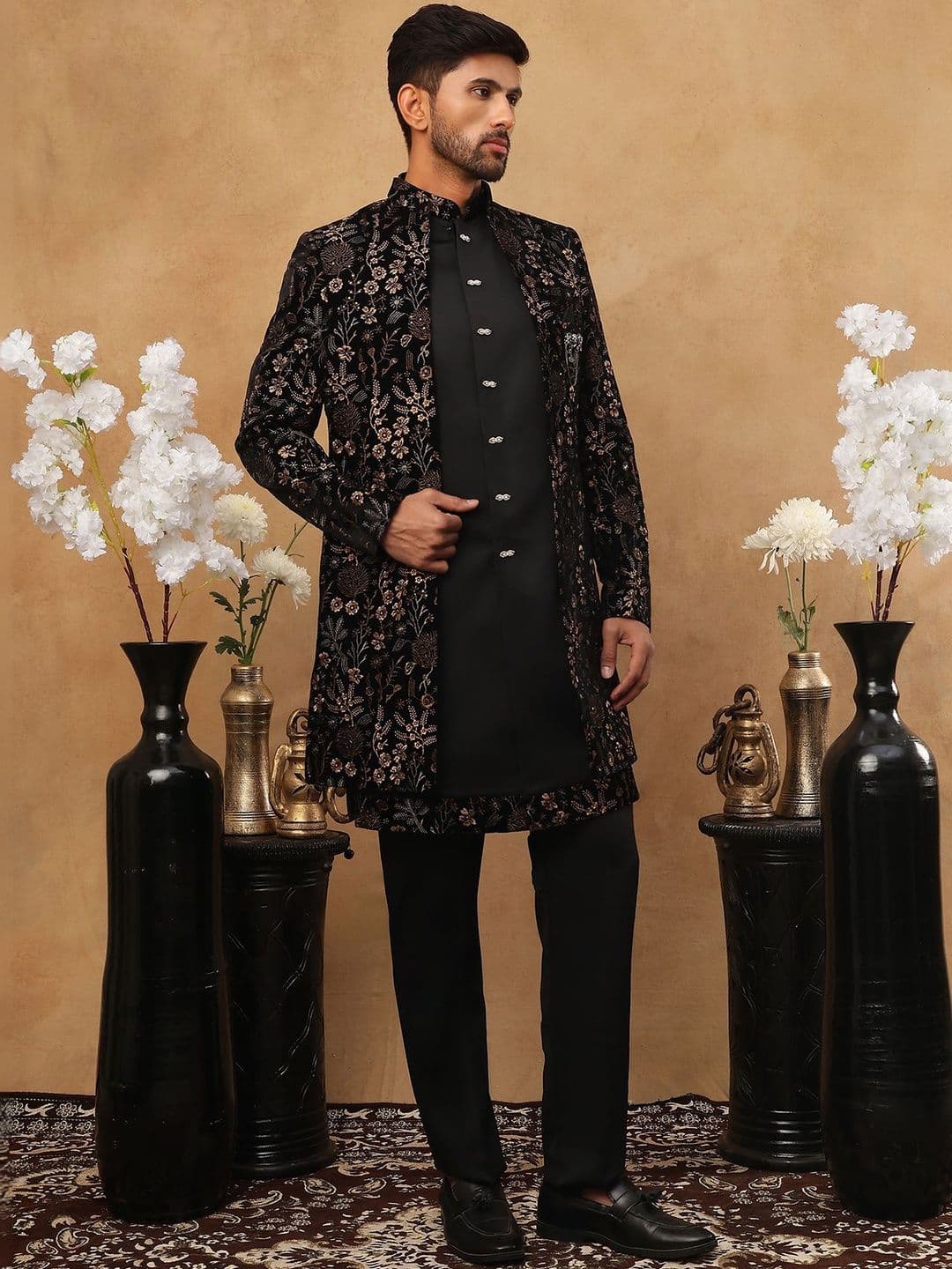 Jompers Embroidered Mandarin Collared Sherwani Set - view 1