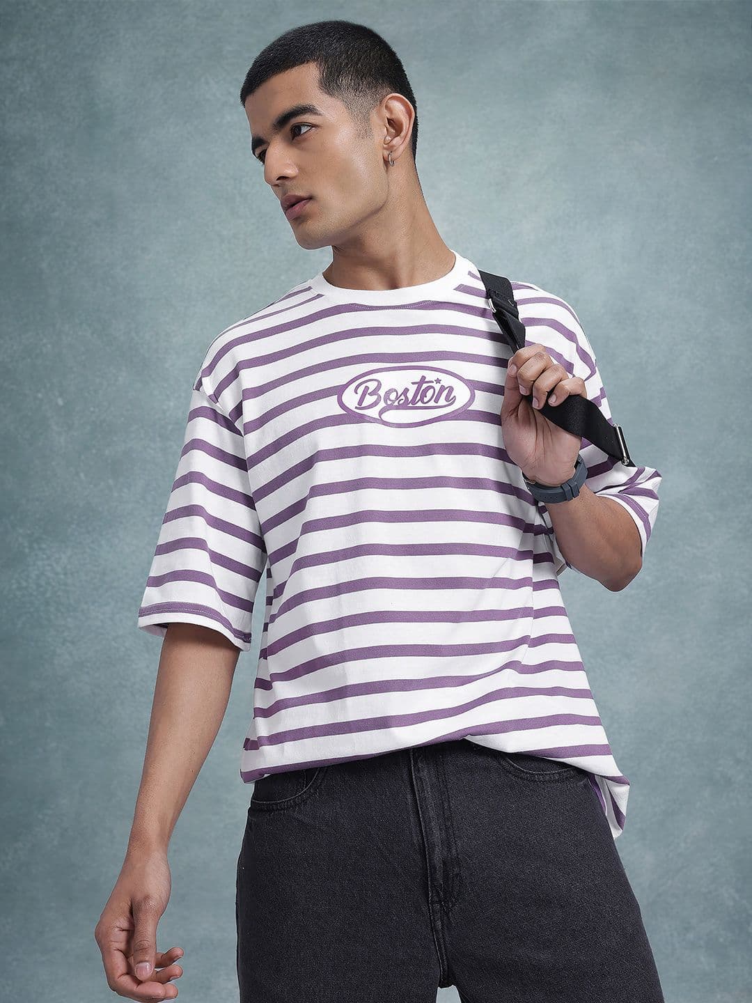 The Roadster Life Co. Striped Drop-Shoulder Sleeves Relaxed Fit Knitted T-shirt - view 1