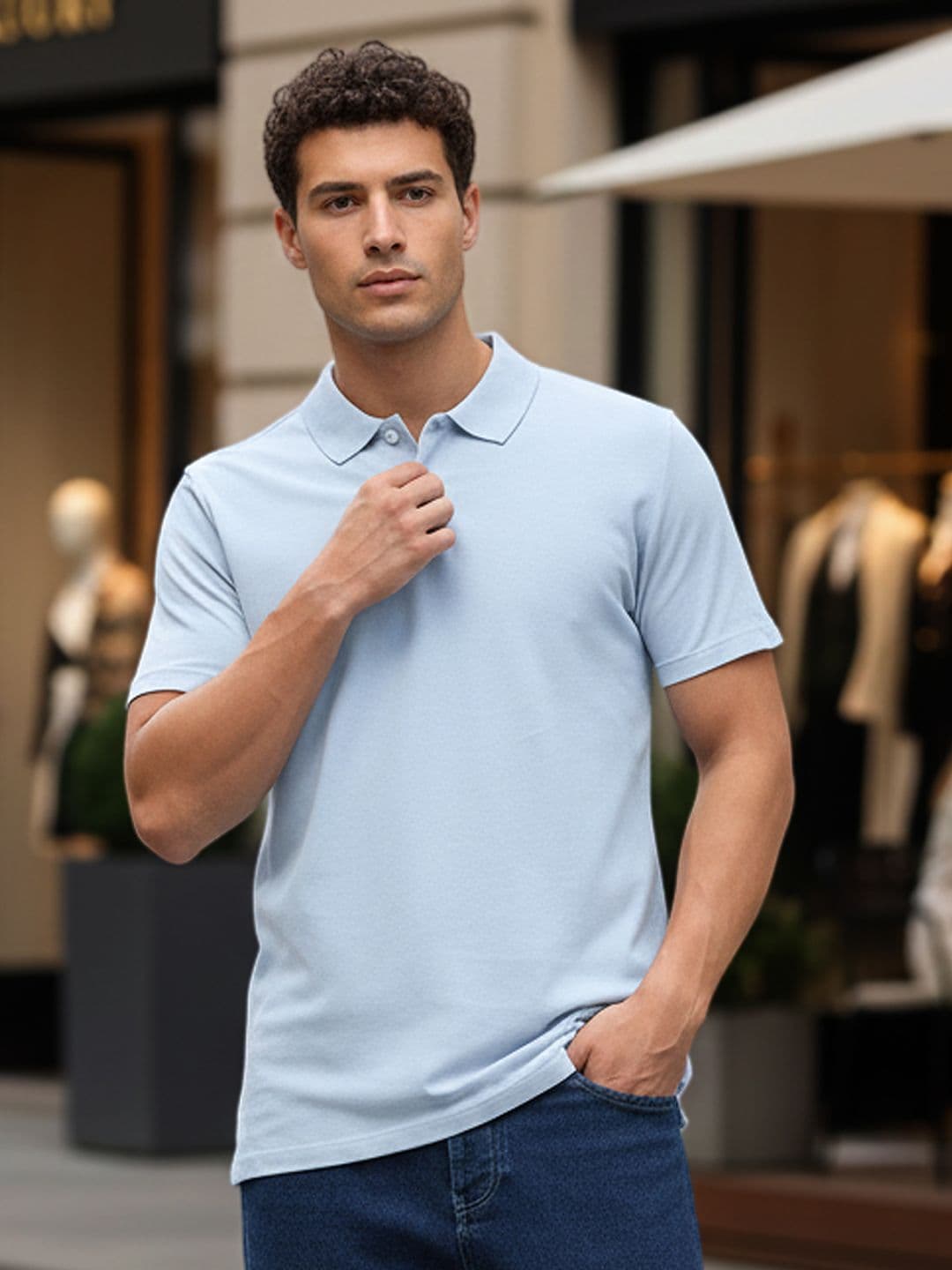 Urbano Fashion Men's Light Sky Blue Solid Regular Fit Half Sleeve Cotton Polo T-Shirt - view 1