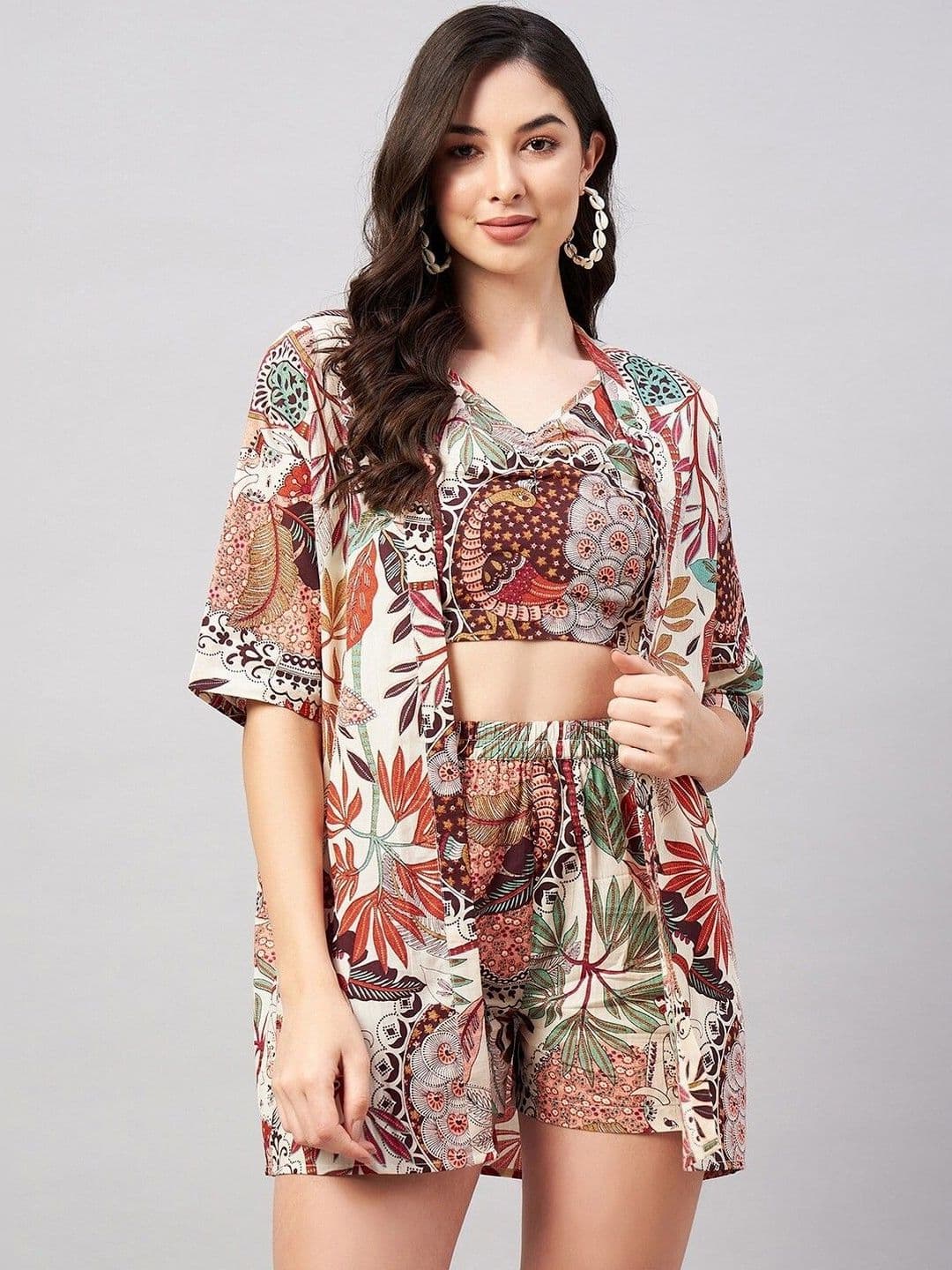 HERE&NOW Printed V-Neck Short Sleeves Top With Short Co-Ords - view 1