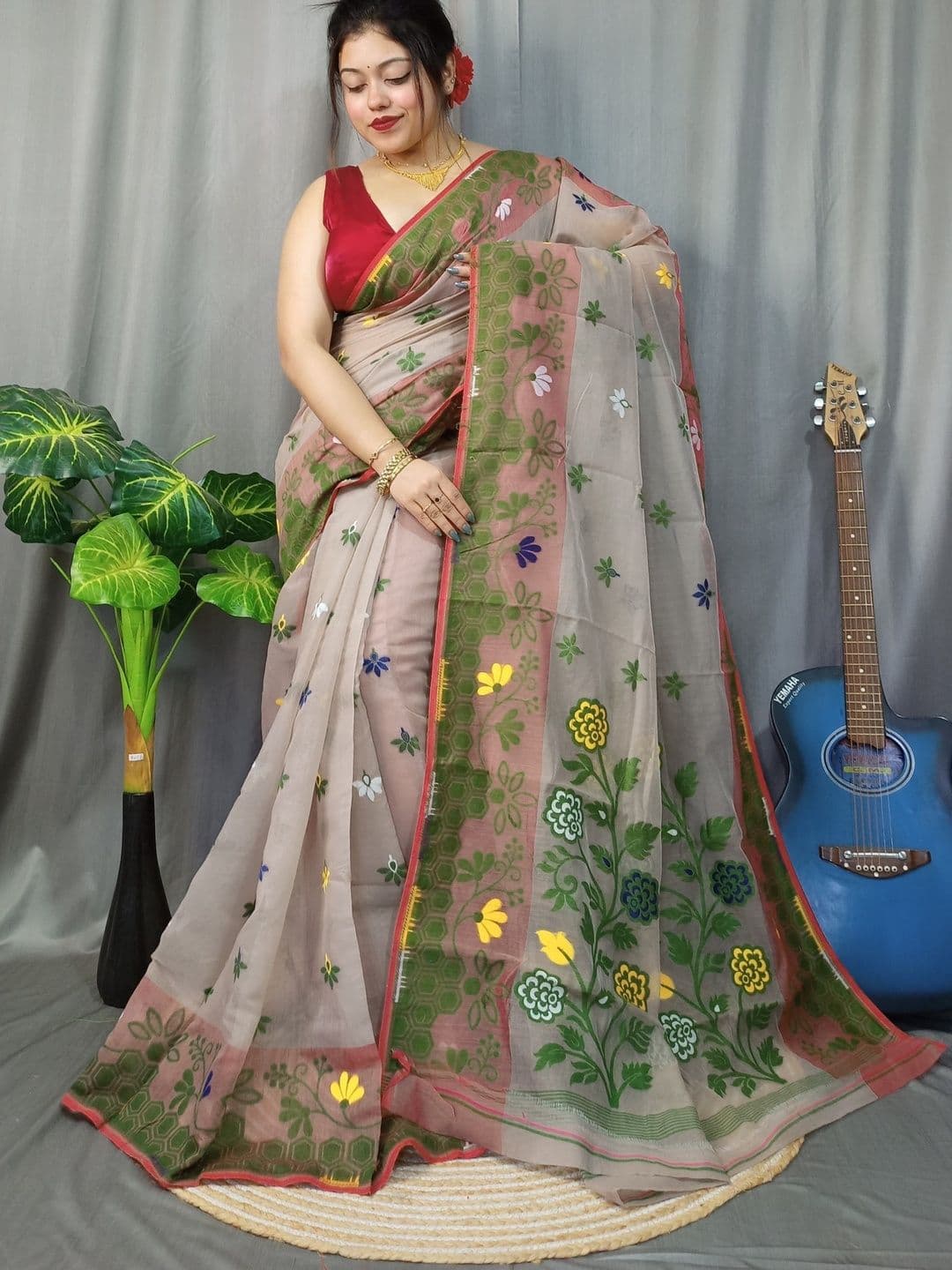 Rnn Saree Floral Embroidered Silk Cotton Jamdani Sarees - view 1