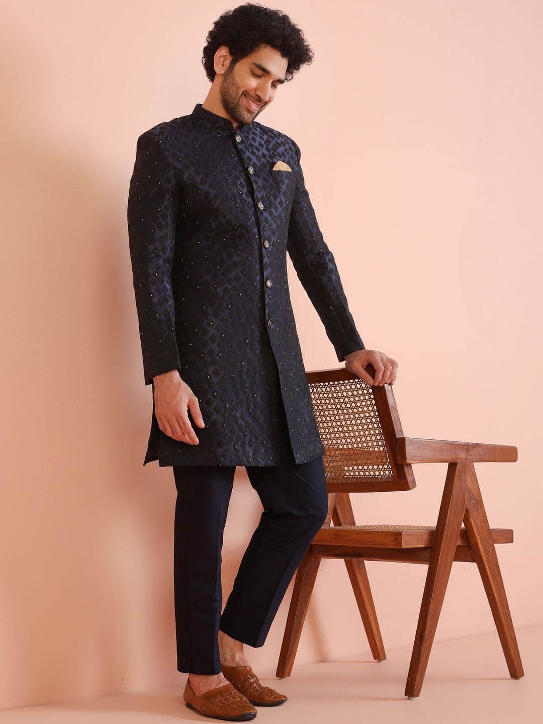 KISAH Plus Size Men Self Design Indo Western Sherwani Trouser Set - view 1