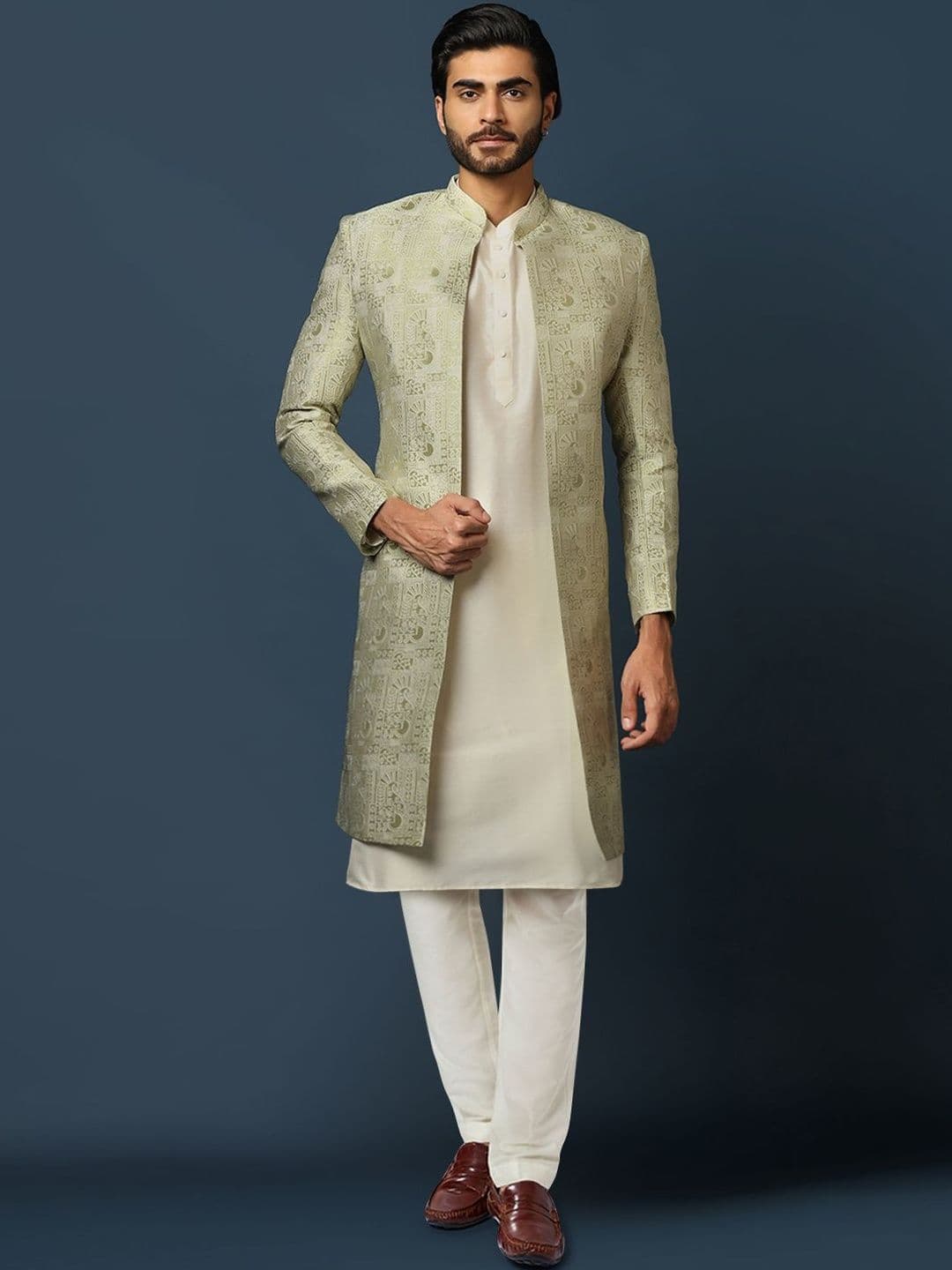 KISAH Plus Size Men Self Design Kurta Front Open Indo Western Sherwani Trouser Set - view 1