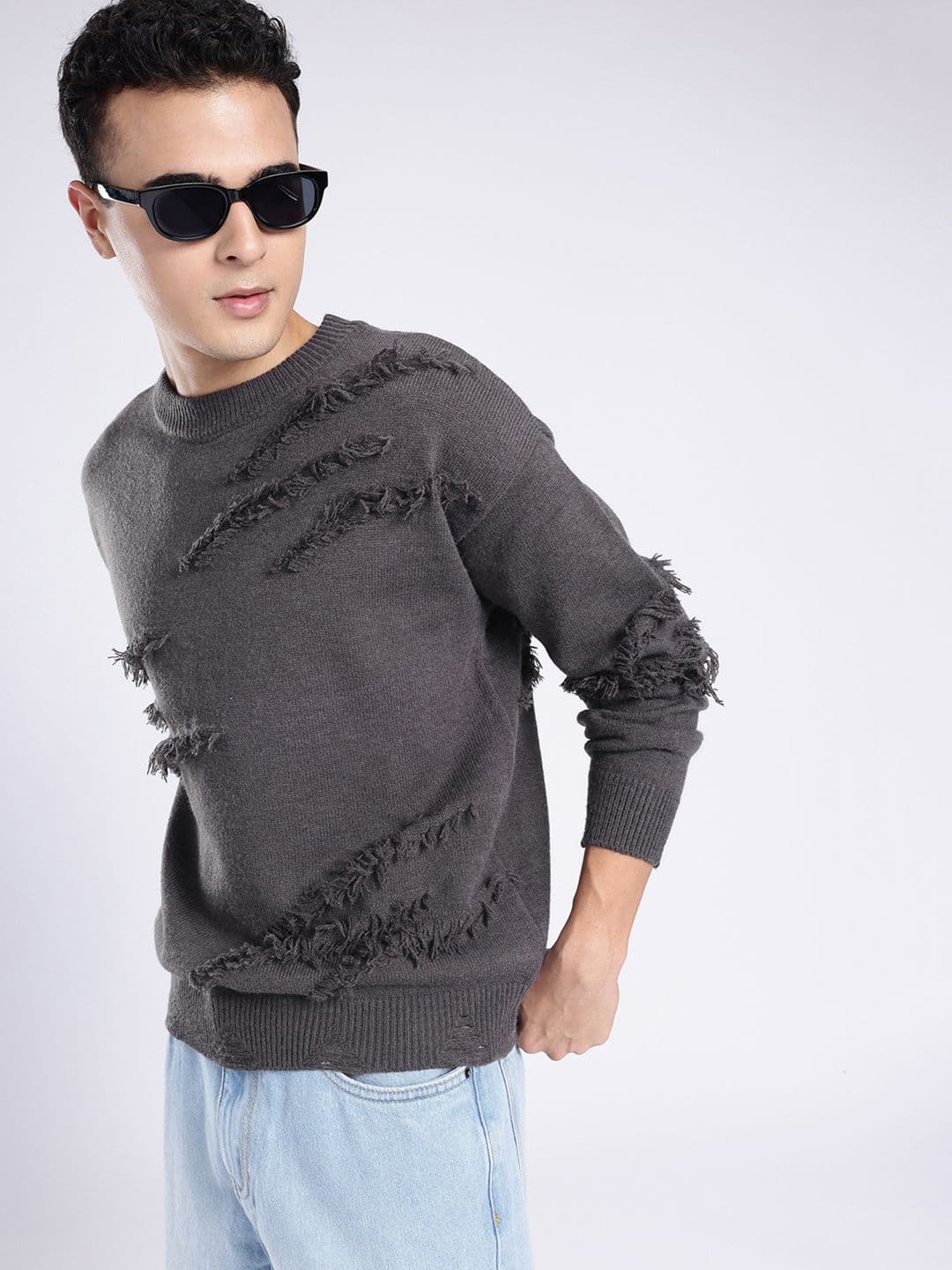 glitchez Round Neck Fringed Detail Knitted Pullover - view 1