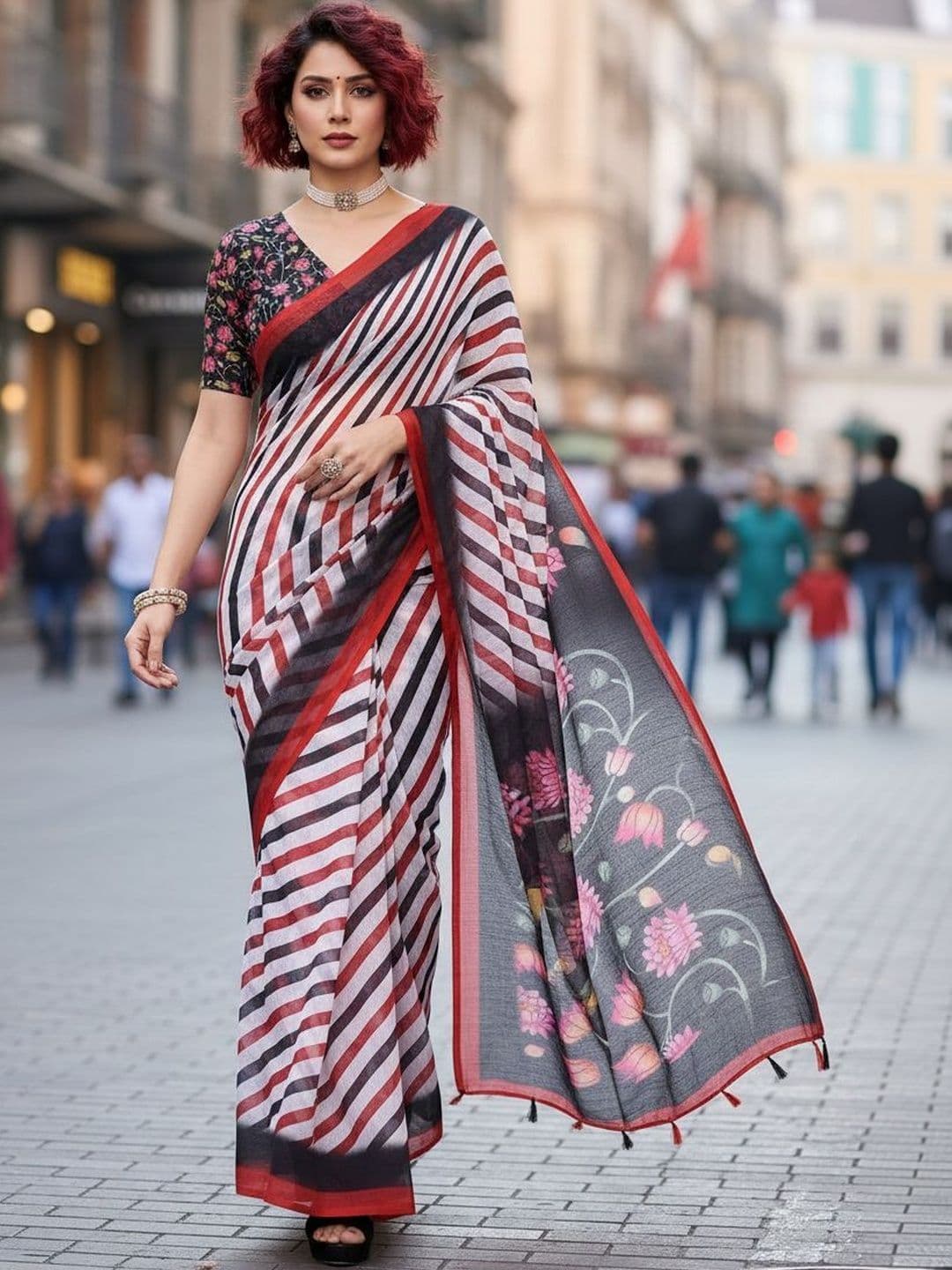 STYLE MODA Striped Saree - view 1