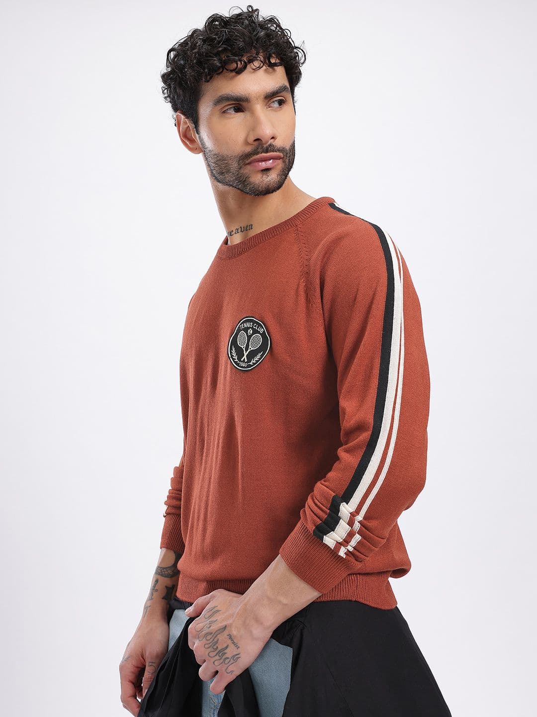 glitchez Round Neck Side Striped Raglan Sleeves Pullover with Patchwork Detail - view 1
