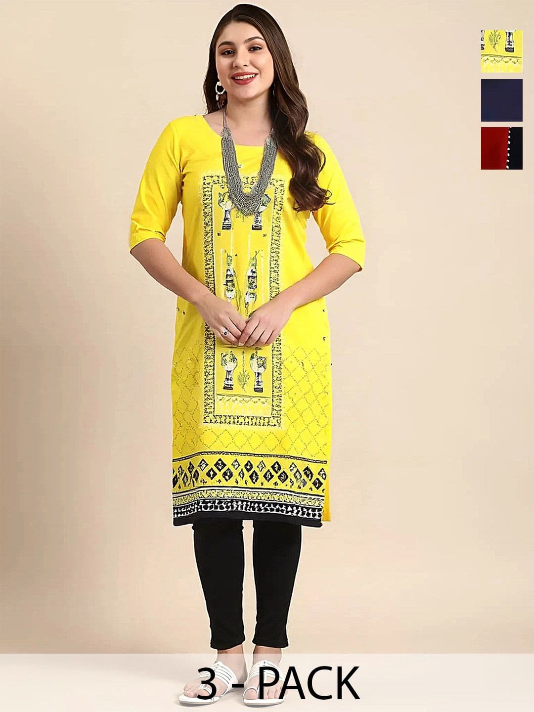 arangya Pack Of 3 Women Ethnic Motifs Printed Indie Prints Crepe Kurta - view 1