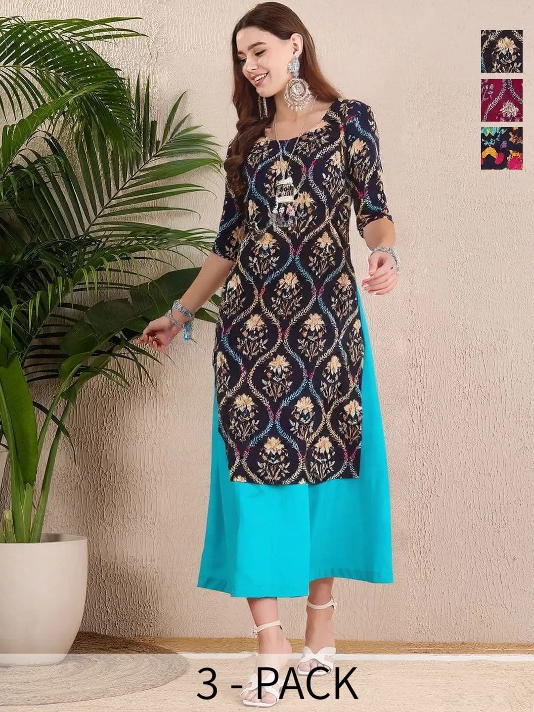 arangya Women Pack Of 3 Ethnic Motifs Printed Indie Prints Crepe Kurta - view 1