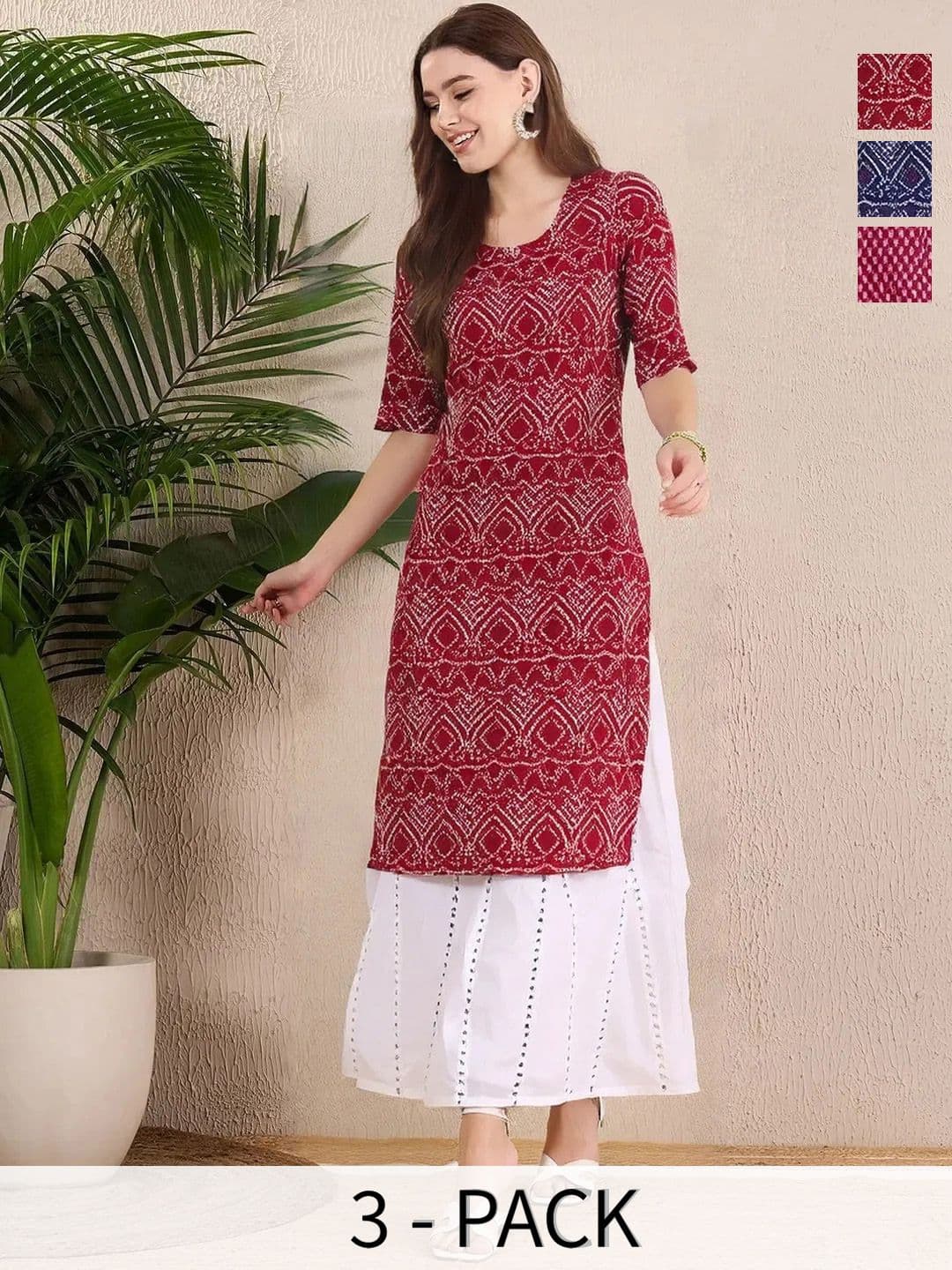 arangya Pack Of 3 Women Leheriya Printed Indie Prints Crepe Kurta - view 1