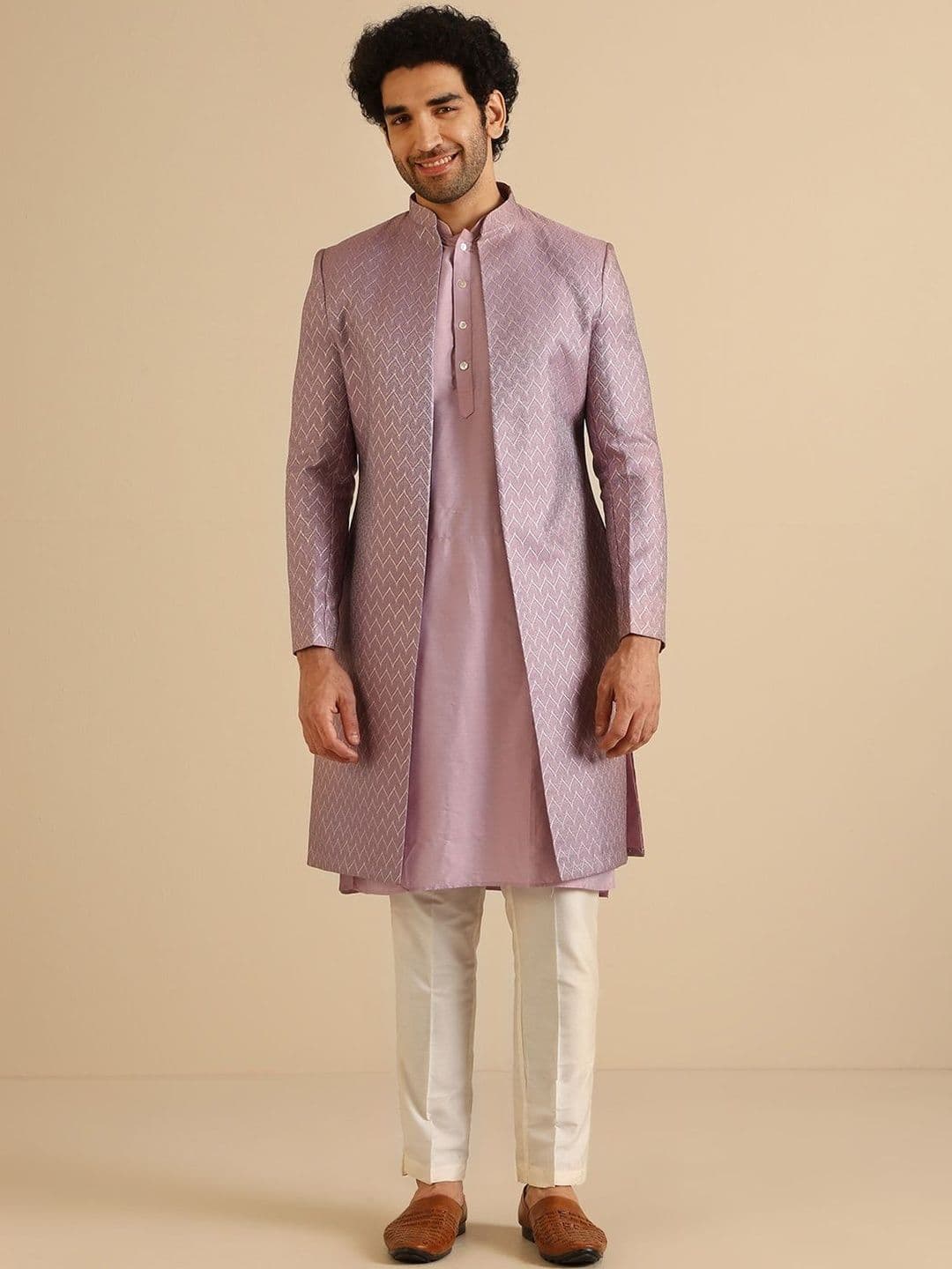 KISAH Plus Size Men Self Design Kurta Front Open Indo Western Sherwani Trouser Set - view 1