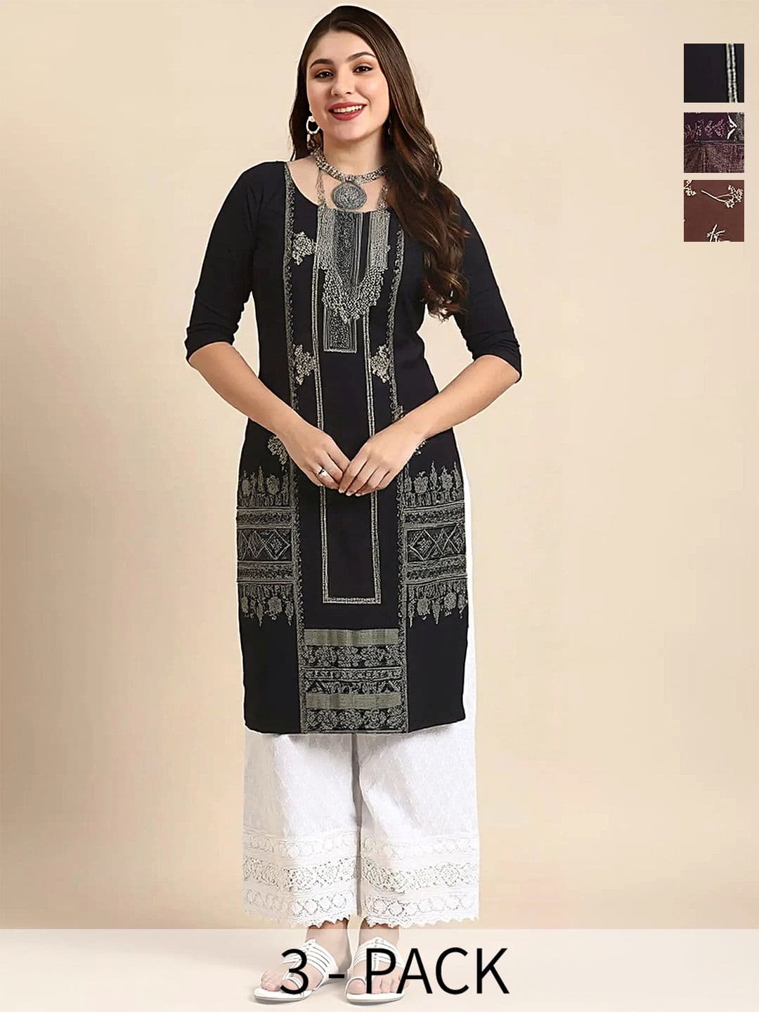 arangya Women Pack Of 3 Ethnic Motifs Printed Indie Prints Crepe Kurta - view 1
