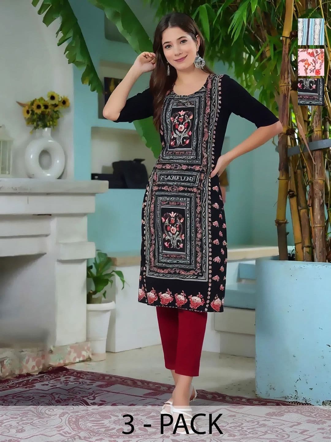 arangya Women Pack of 3 Floral Printed Indie Florals Crepe Kurta - view 1