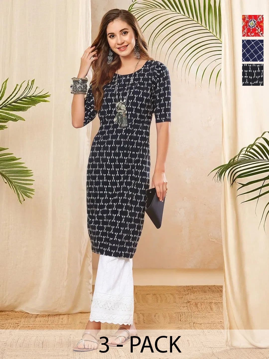 arangya Women Pack Of 3 Geometric Printed Crepe Kurta - view 1